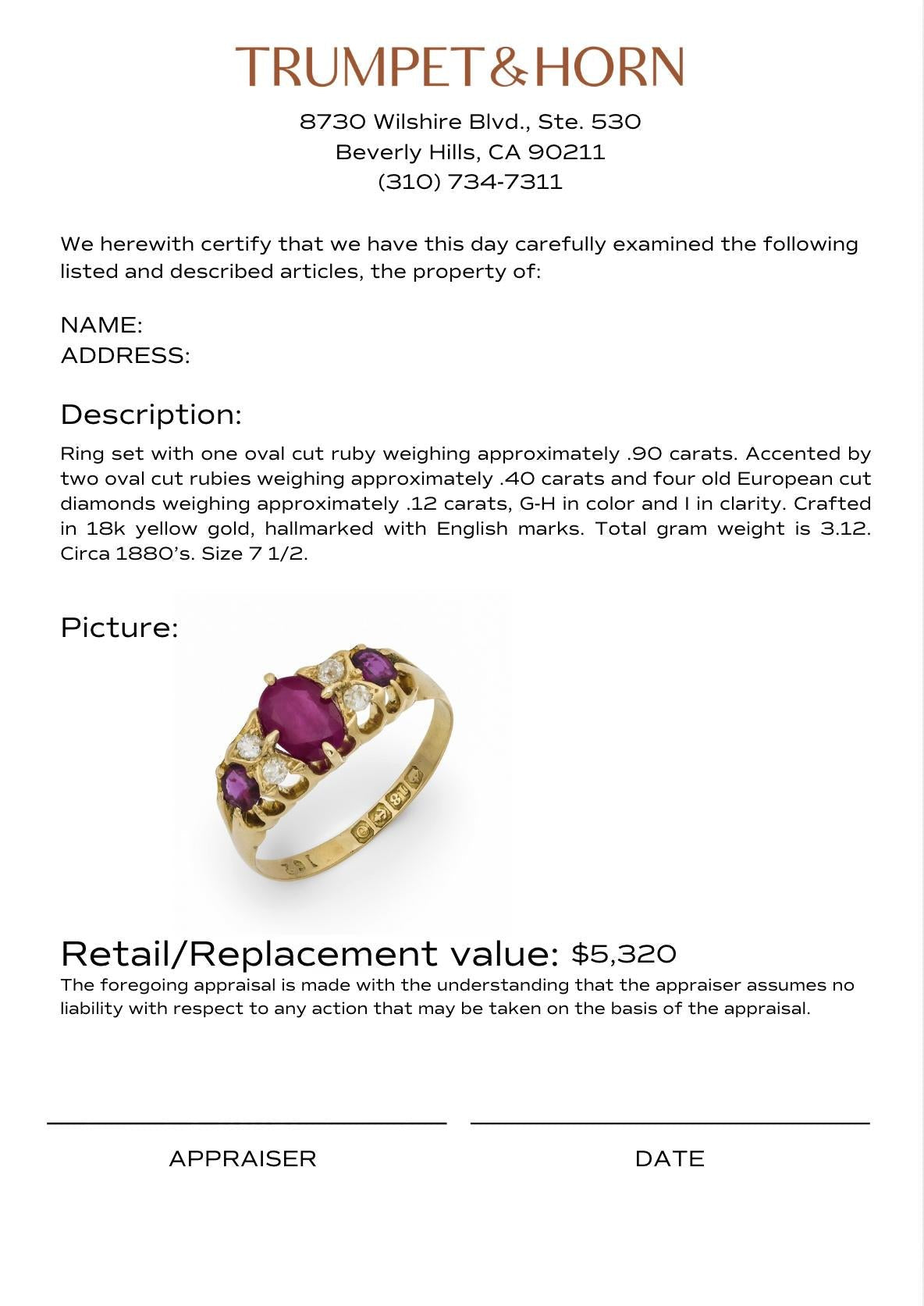 Victorian English ruby diamond 18k yellow gold band