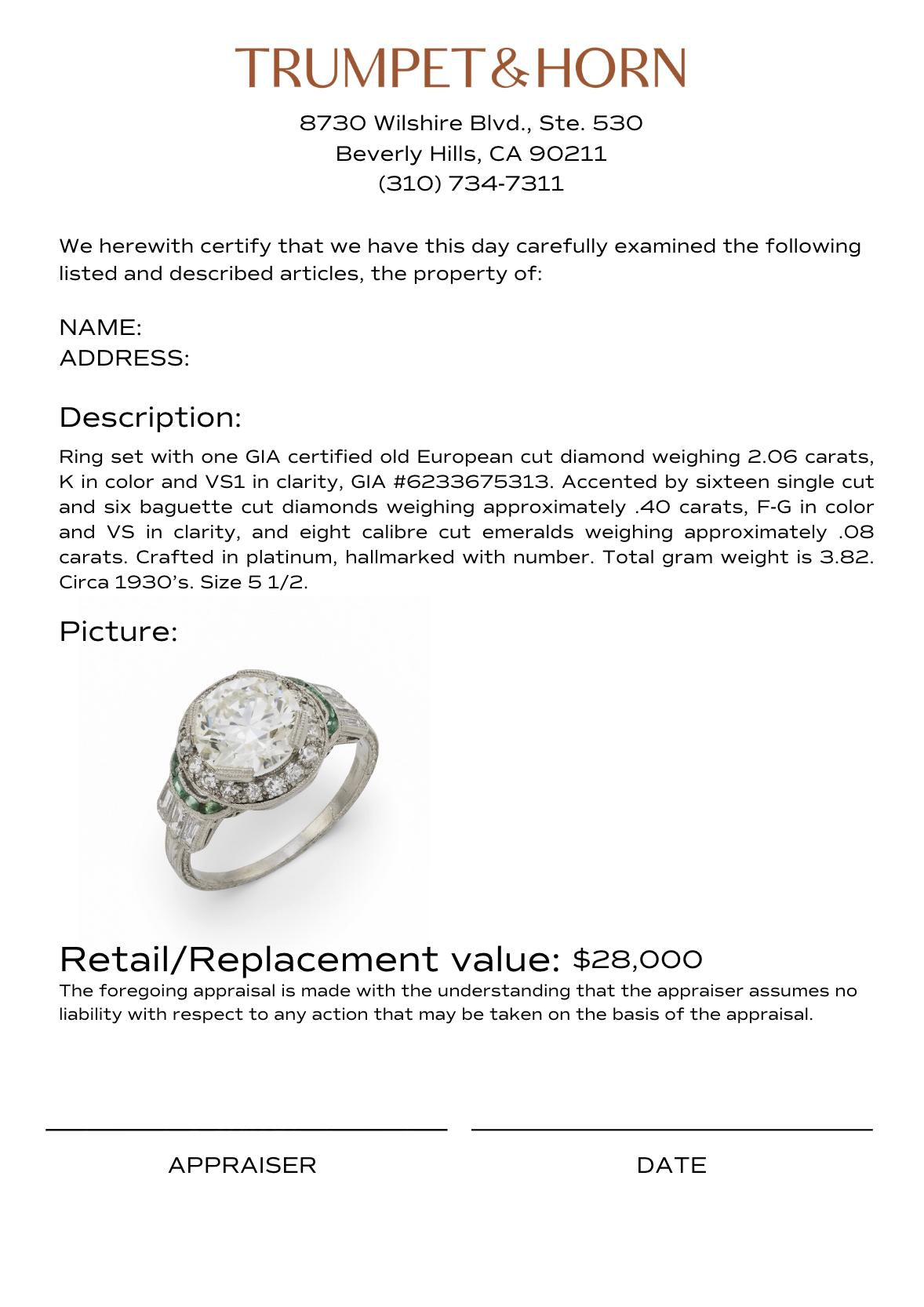 Art Deco GIA 2.06 carat diamond emerald platinum engagement ring