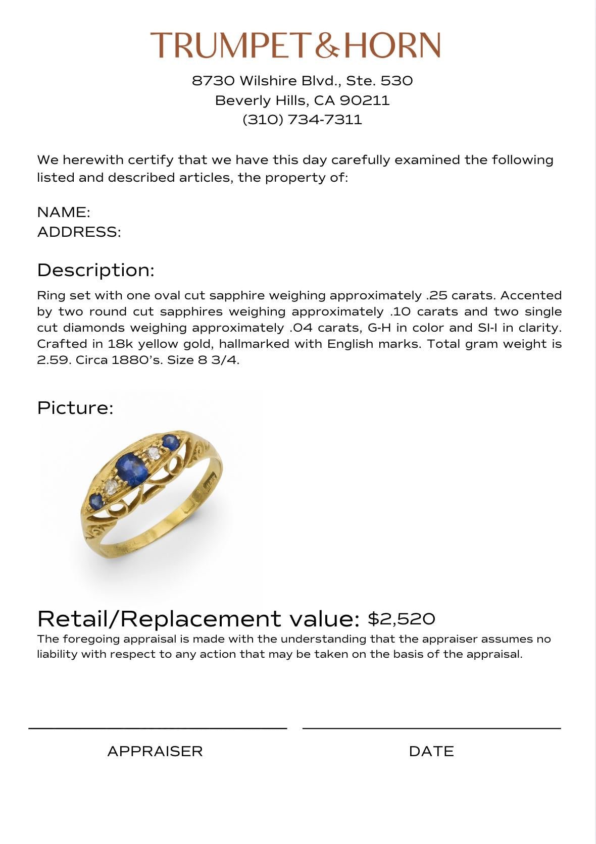 Victorian sapphire diamond 18k yellow gold ring