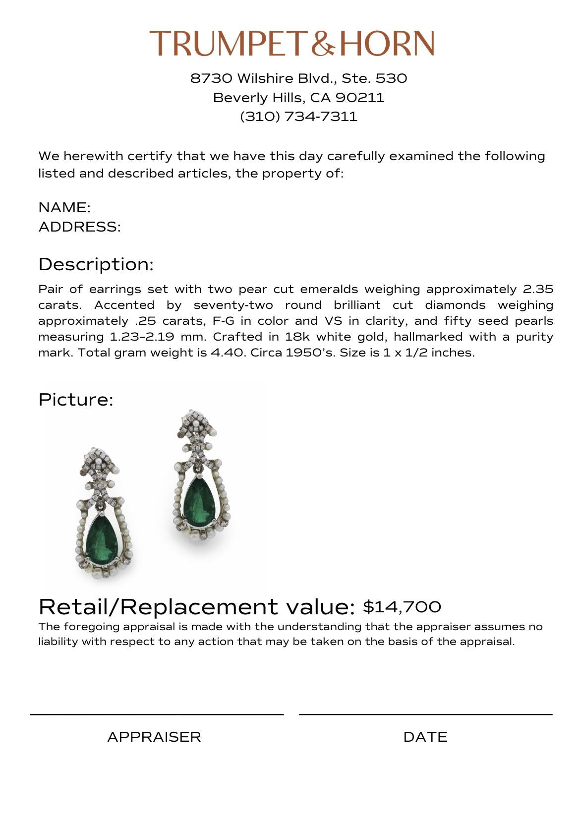 Mid Century 2.35 carat emerald diamond seed pearl 18k white gold earrings