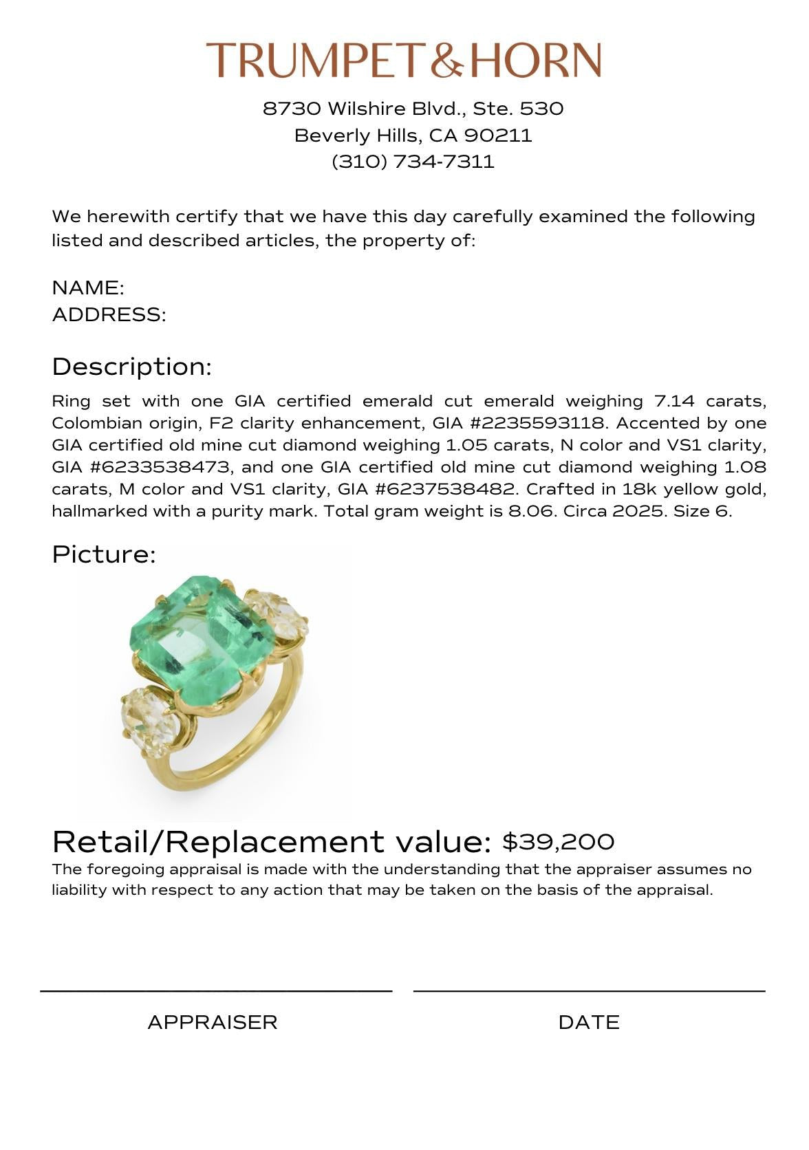 GIA 7.14 carat Colombian emerald diamond 18k yellow gold cocktail ring