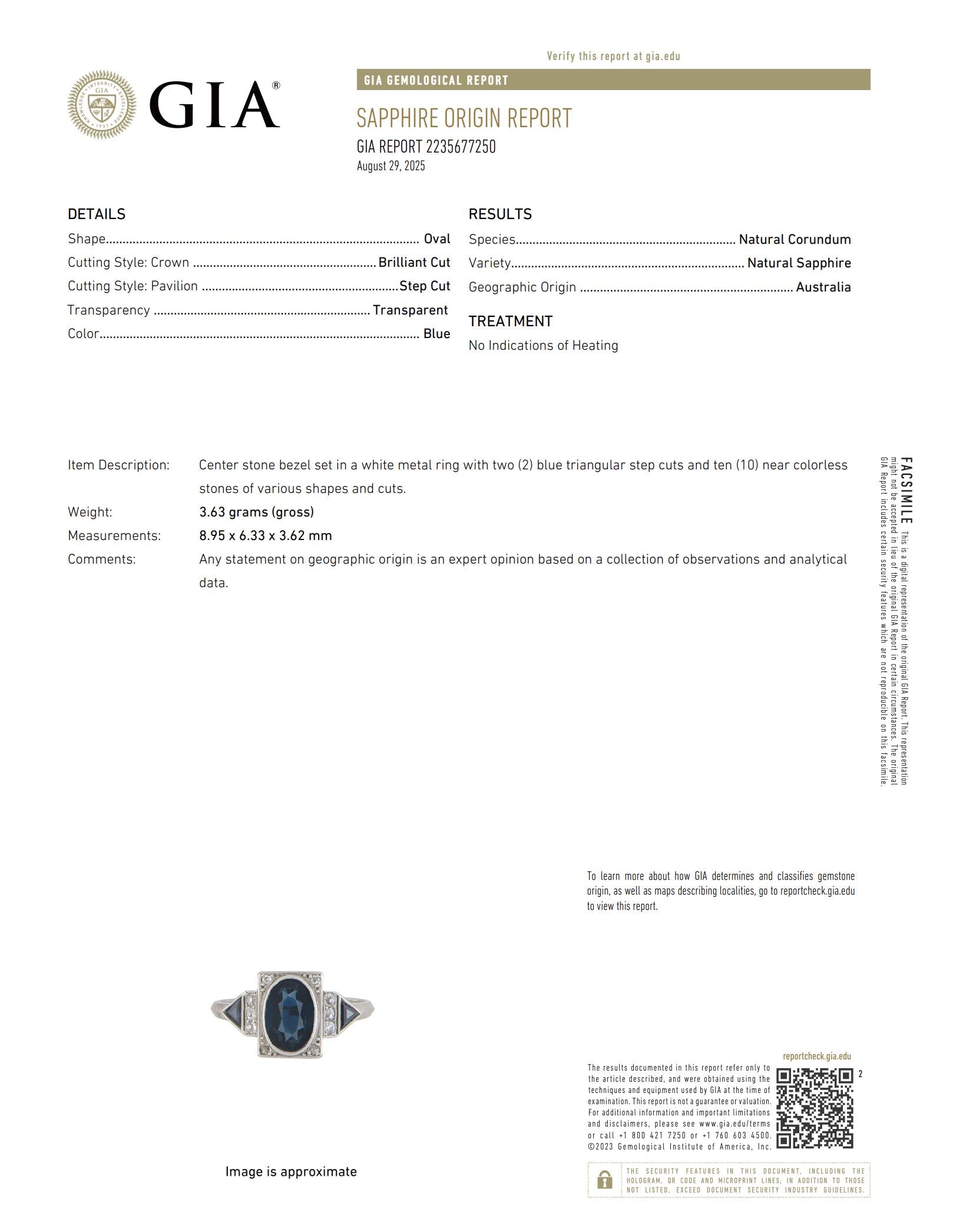 French Art Deco GIA 1.65 carat no heat sapphire diamond platinum ring