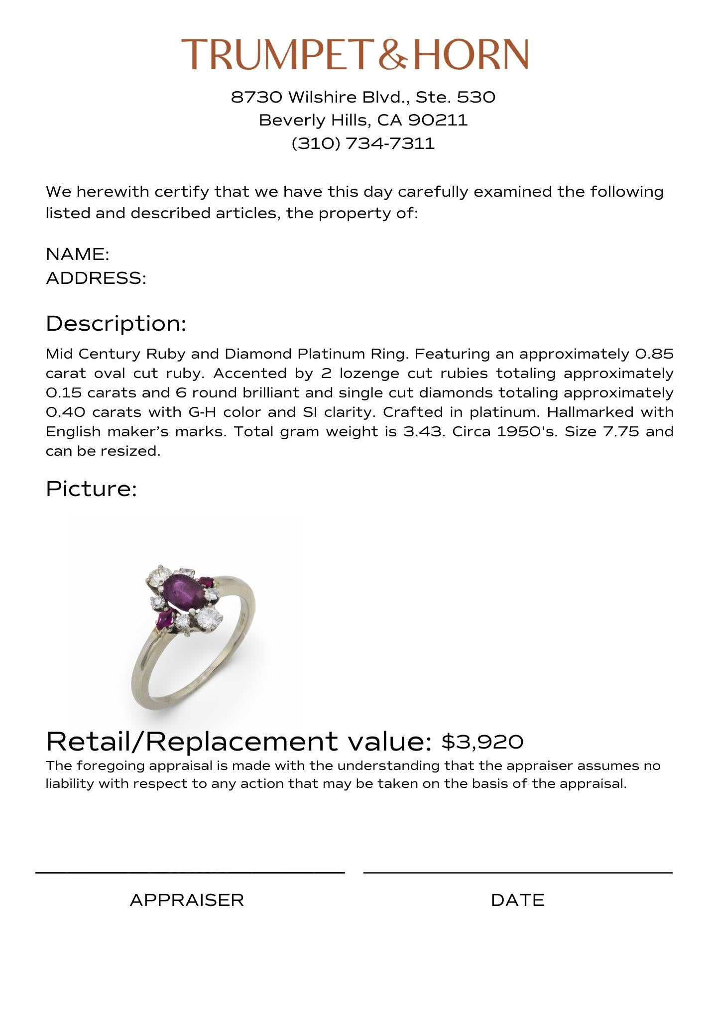 English Mid Century ruby diamond platinum ring