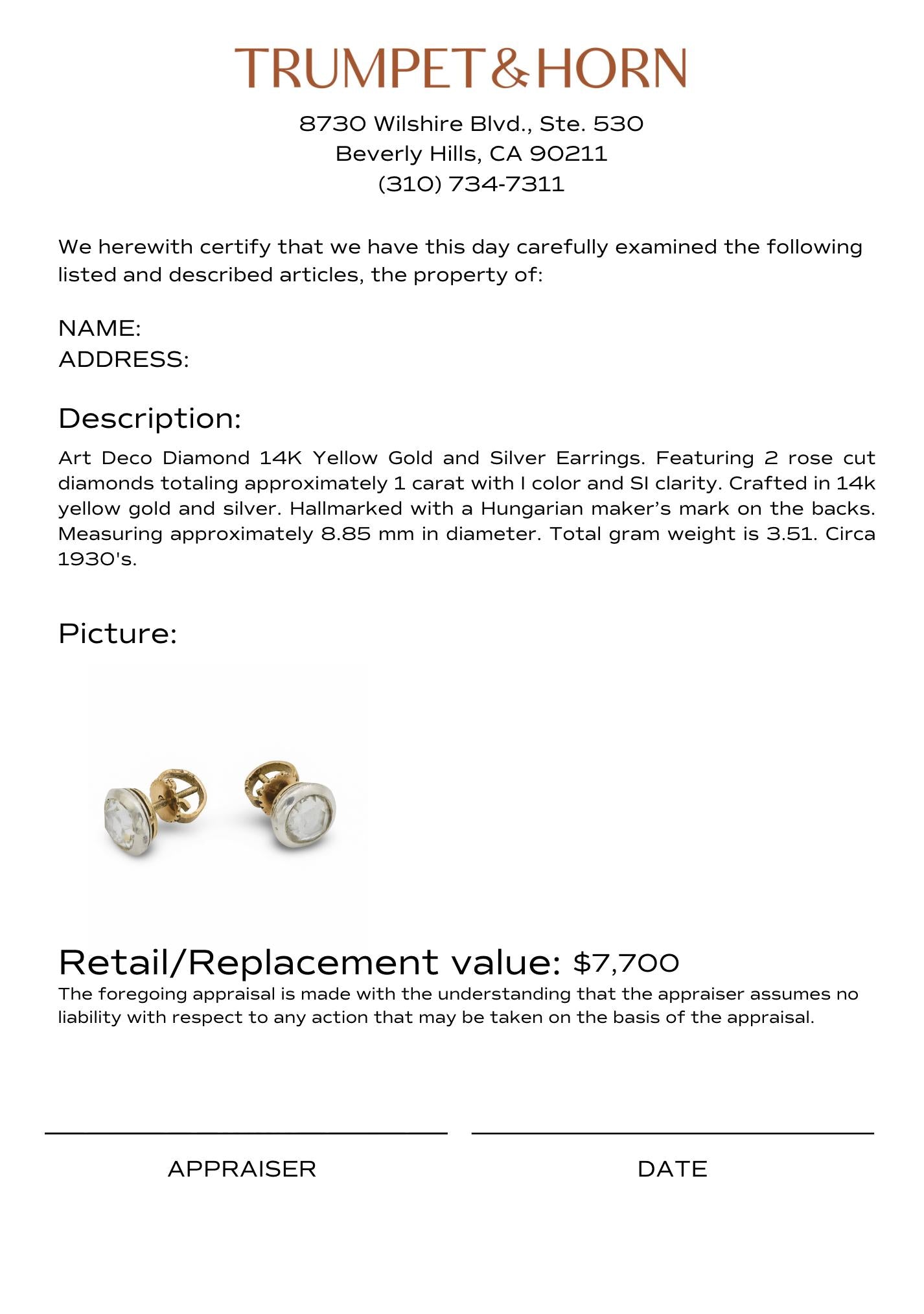 Art Deco Hungarian rose cut diamond 14k yellow gold silver stud earrings
