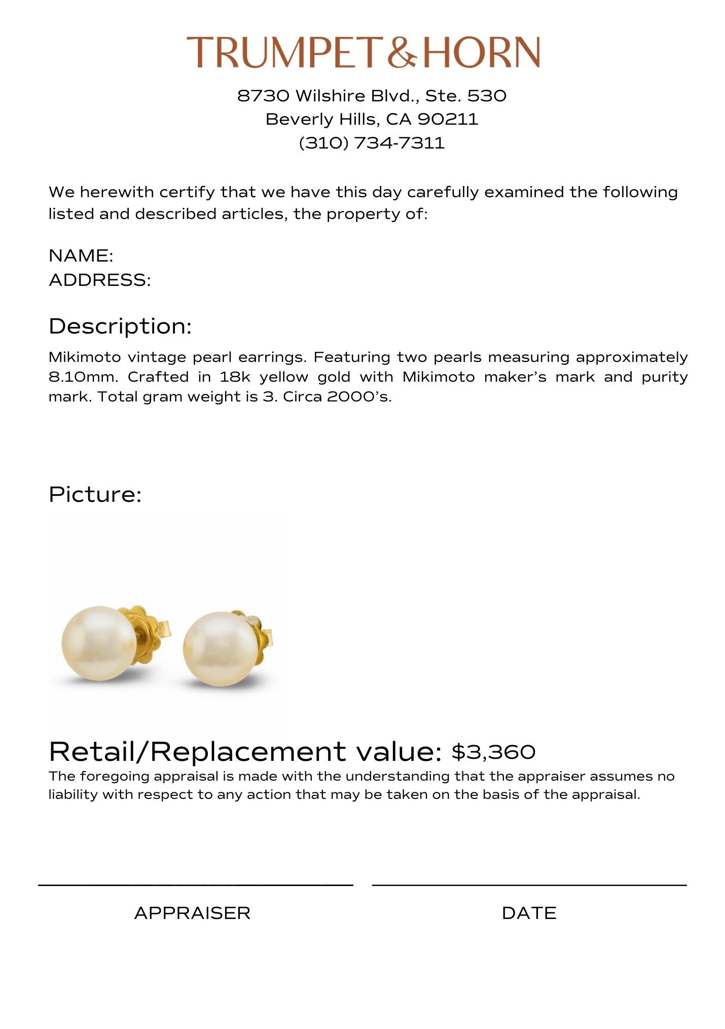 Mikimoto pearl 18k yellow gold stud earrings
