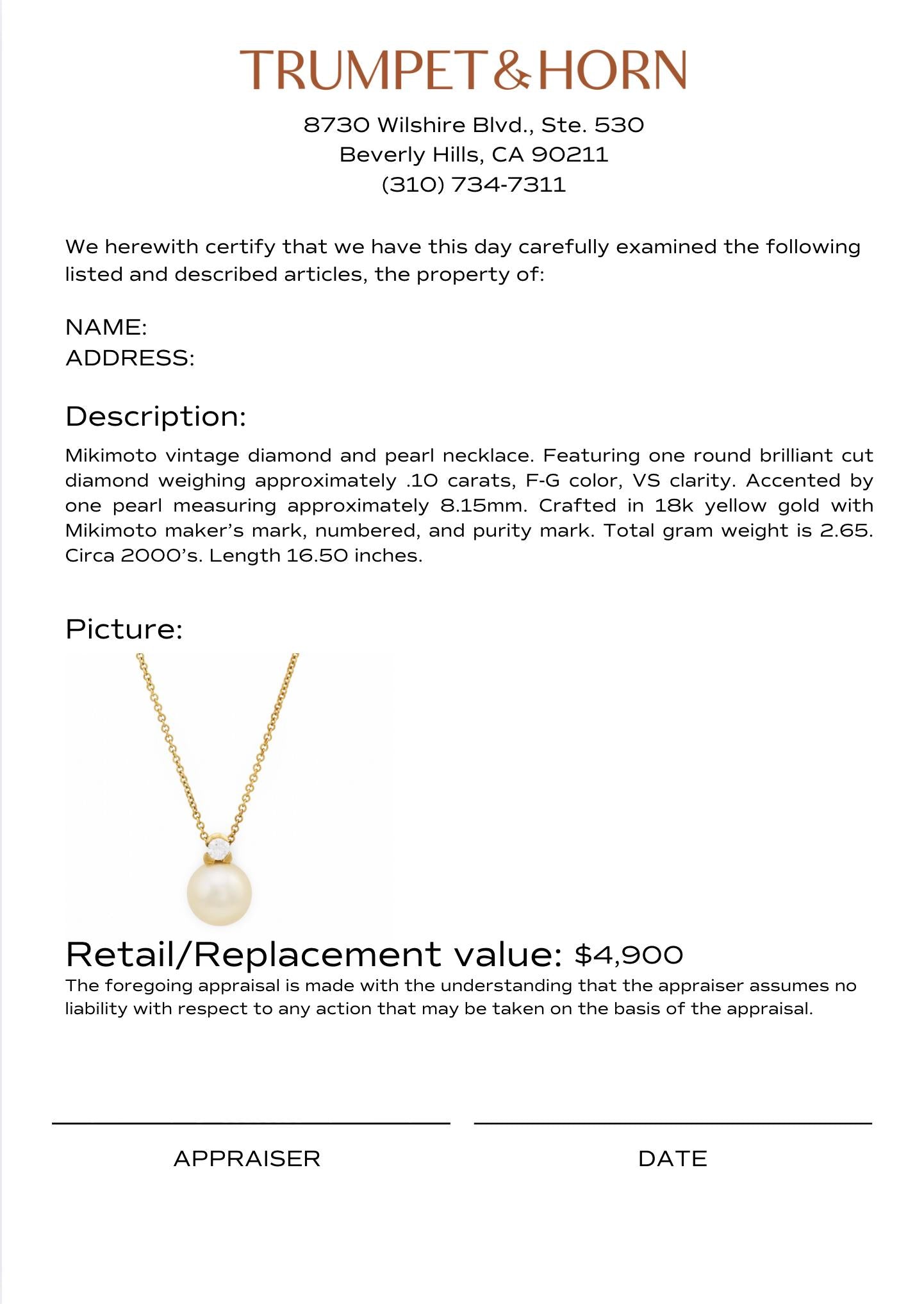 Mikimoto diamond pearl 18k yellow gold necklace