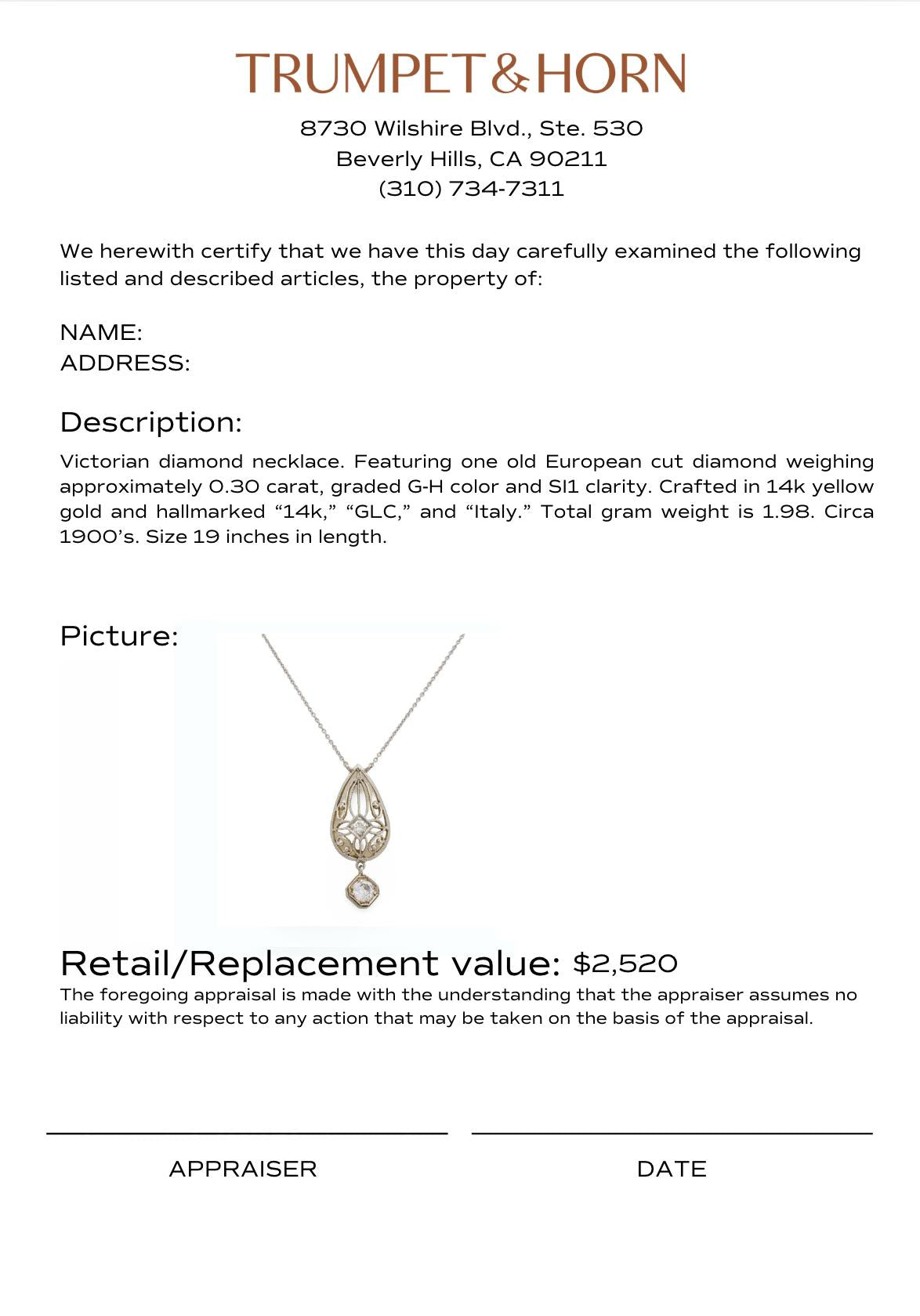 Victorian diamond 14k yellow gold necklace