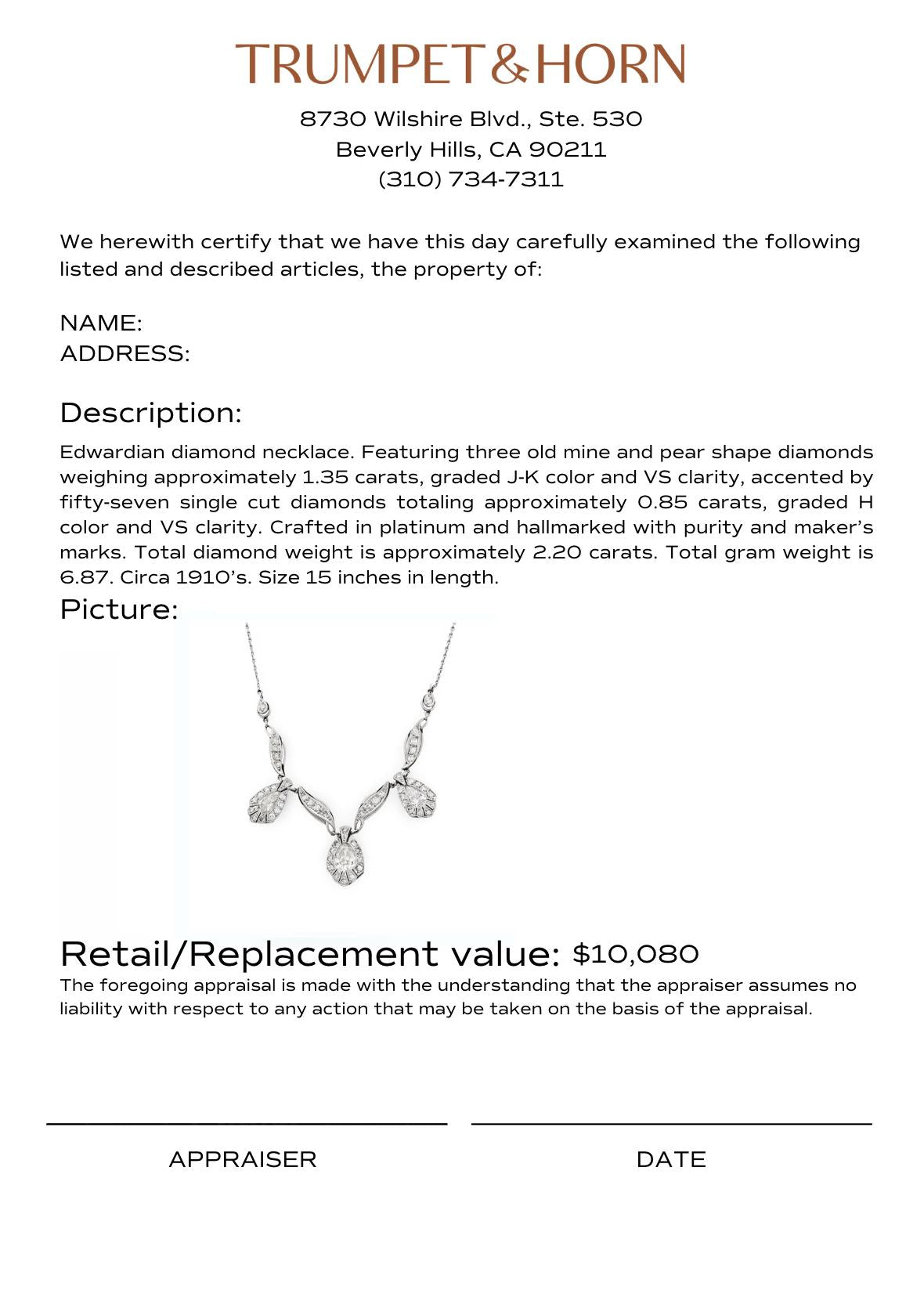 Edwardian 2.20 carat total weight diamond platinum necklace