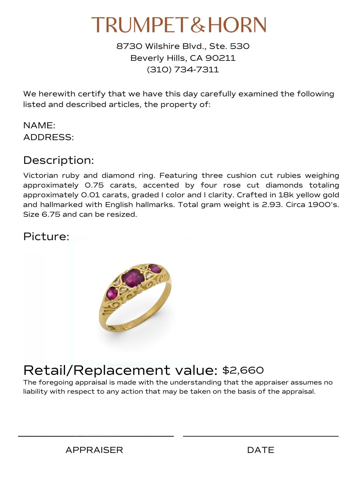 Victorian English ruby diamond 18k yellow gold ring