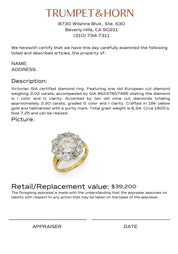 Victorian GIA 3.02 carat old European cut diamond 18k yellow gold cluster ring