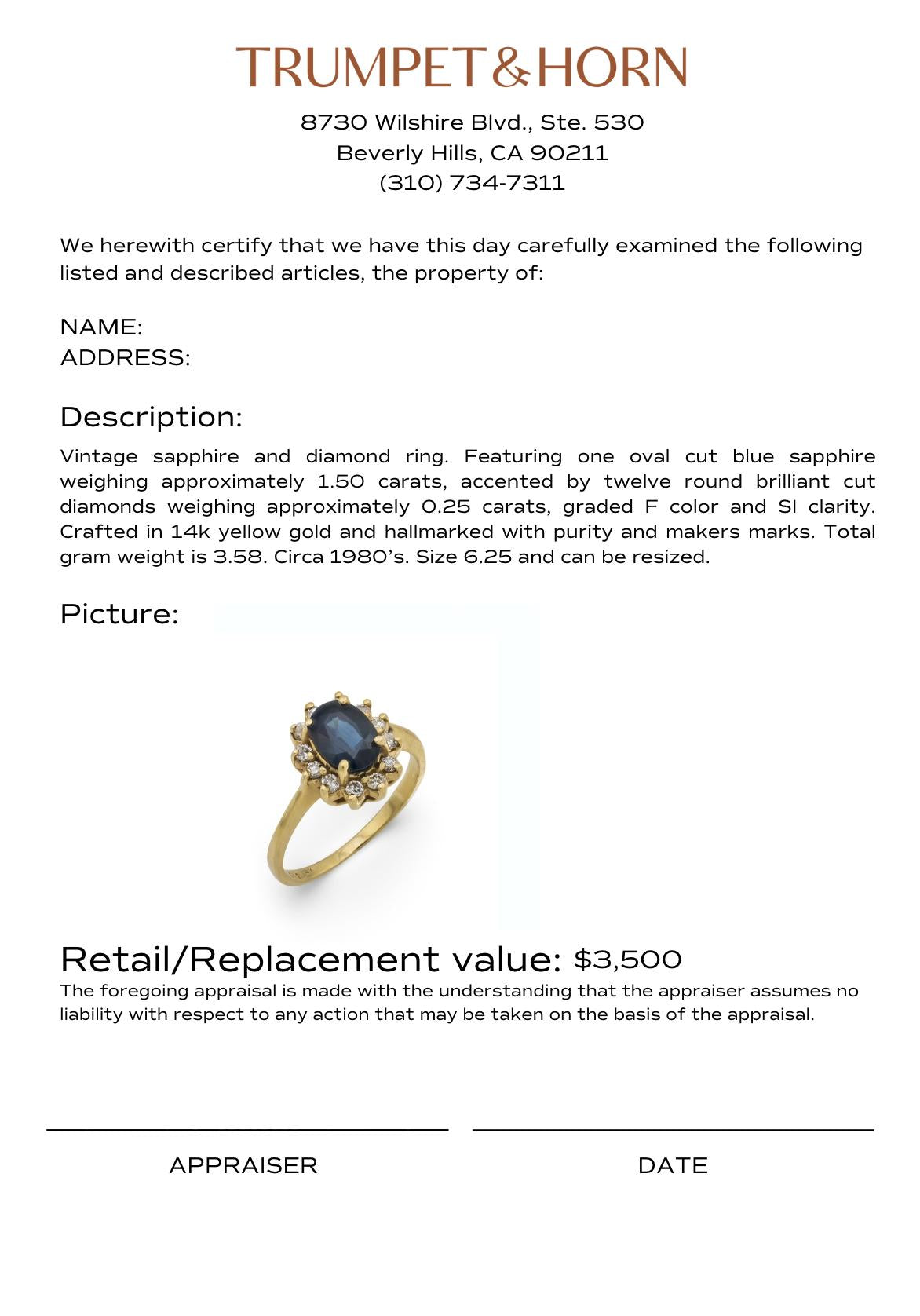 Vintage 1.50 carat sapphire diamond 14k yellow gold cluster ring