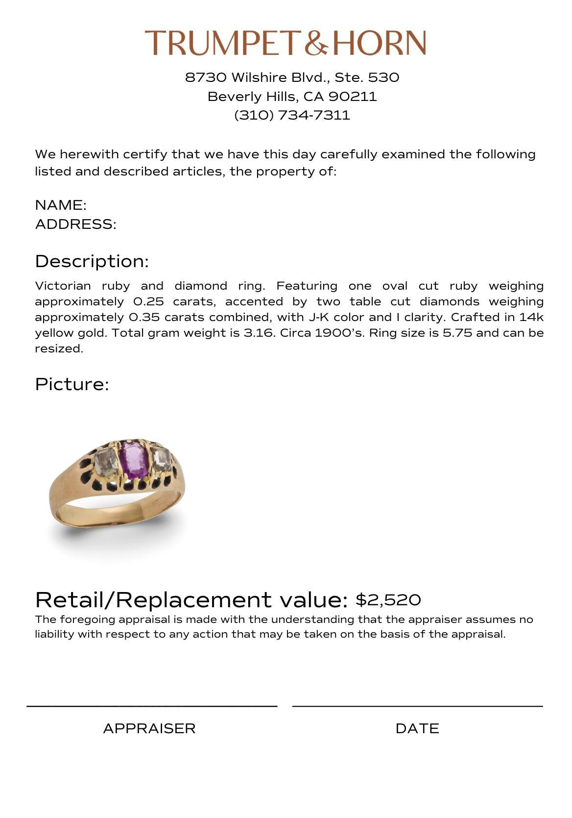 Victorian ruby diamond 14k yellow gold three stone ring