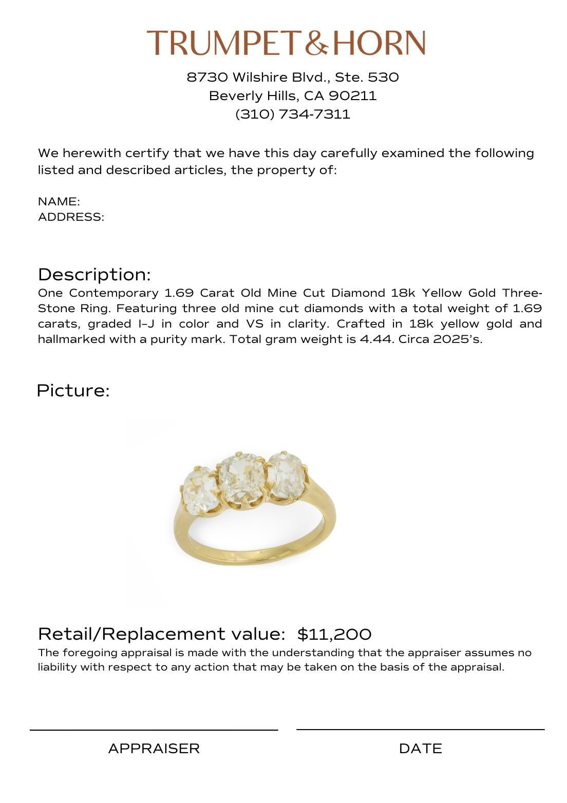 Contemporary 1.69 carat old mine cut diamond 18k yellow gold 3 stone ring