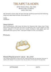Contemporary 1.69 carat old mine cut diamond 18k yellow gold 3 stone ring