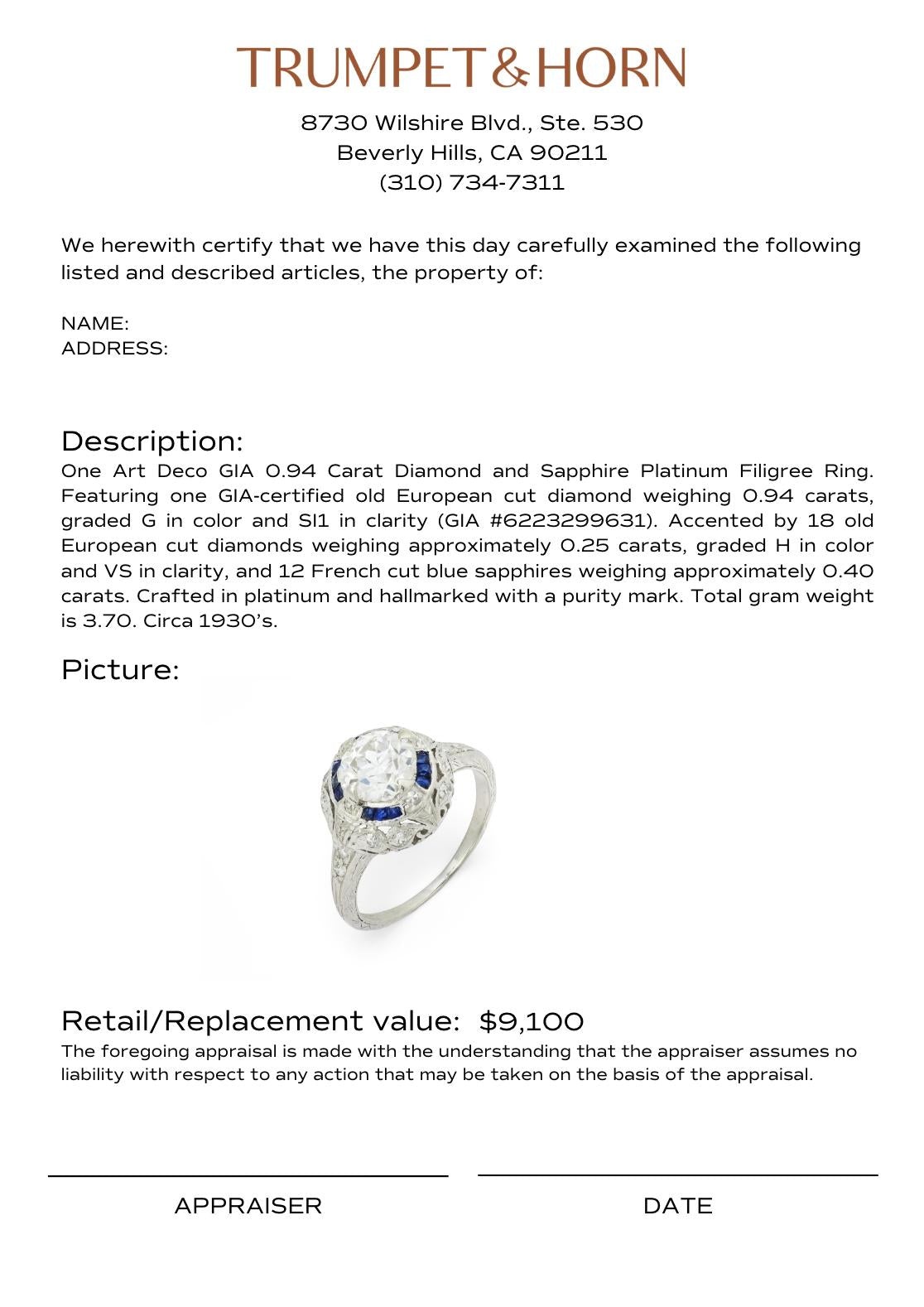 Art Deco GIA .94 carat diamond sapphire platinum filagree ring