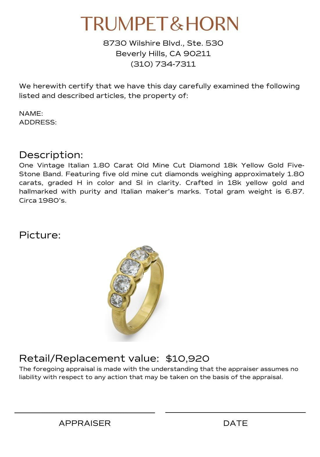 Vintage Italian 1.80 carat old mine cut diamond 18k yellow gold five stone band