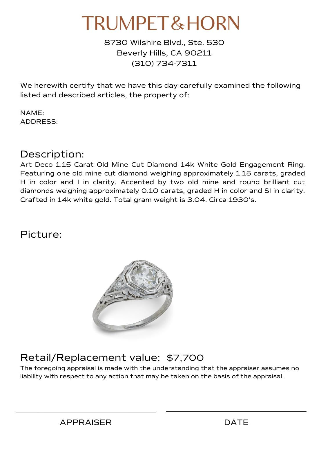 Art Deco 1.15 carat old mine cut diamond 14k white gold engagement ring