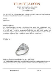 Art Deco 1.15 carat old mine cut diamond 14k white gold engagement ring