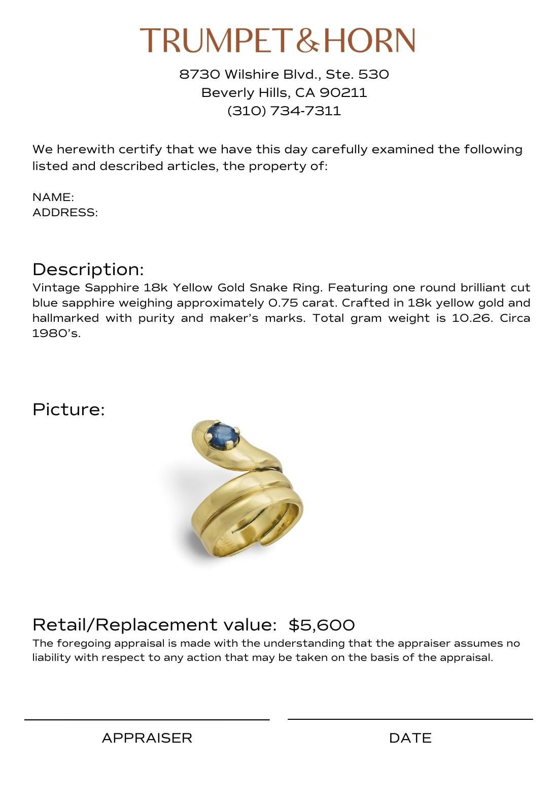 Vintage sapphire 18k yellow gold snake ring