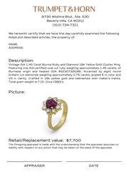 Vintage GIA 1.45 carat Burma ruby diamond 18k yellow gold cluster ring