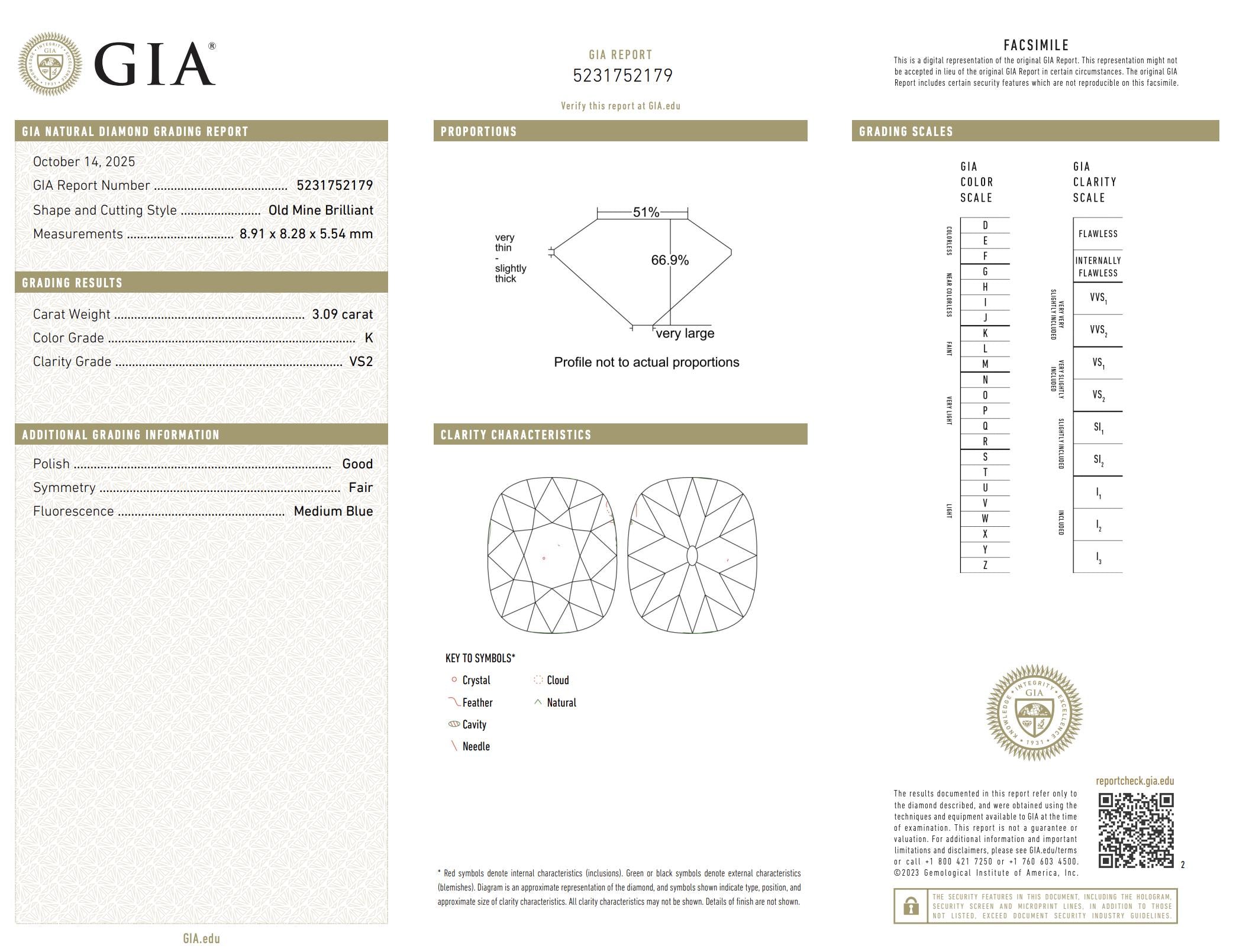 Mid Century GIA 3.09 carat old mine cut diamond platinum engagement ring