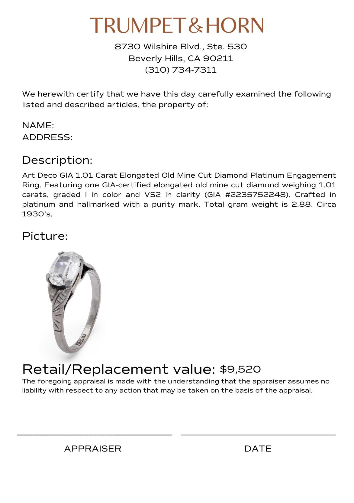 Art Deco GIA 1.01 carat elongated old mine cut diamond platinum engagement ring