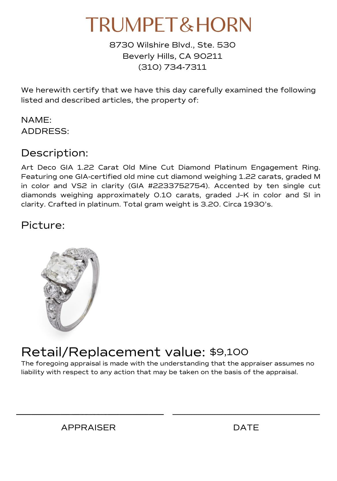 Art Deco GIA 1.22 carat old mine cut diamond platinum engagement ring