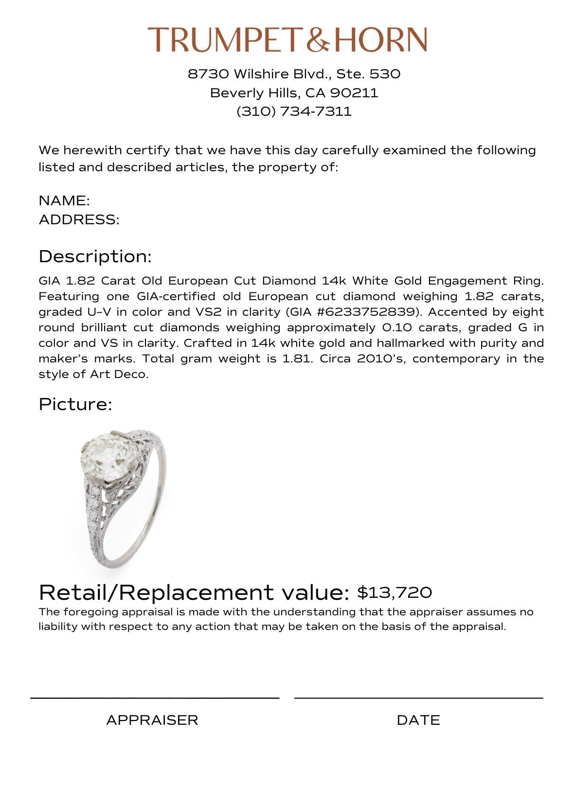 GIA 1.82 carat old European cut diamond 14k white gold engagement ring