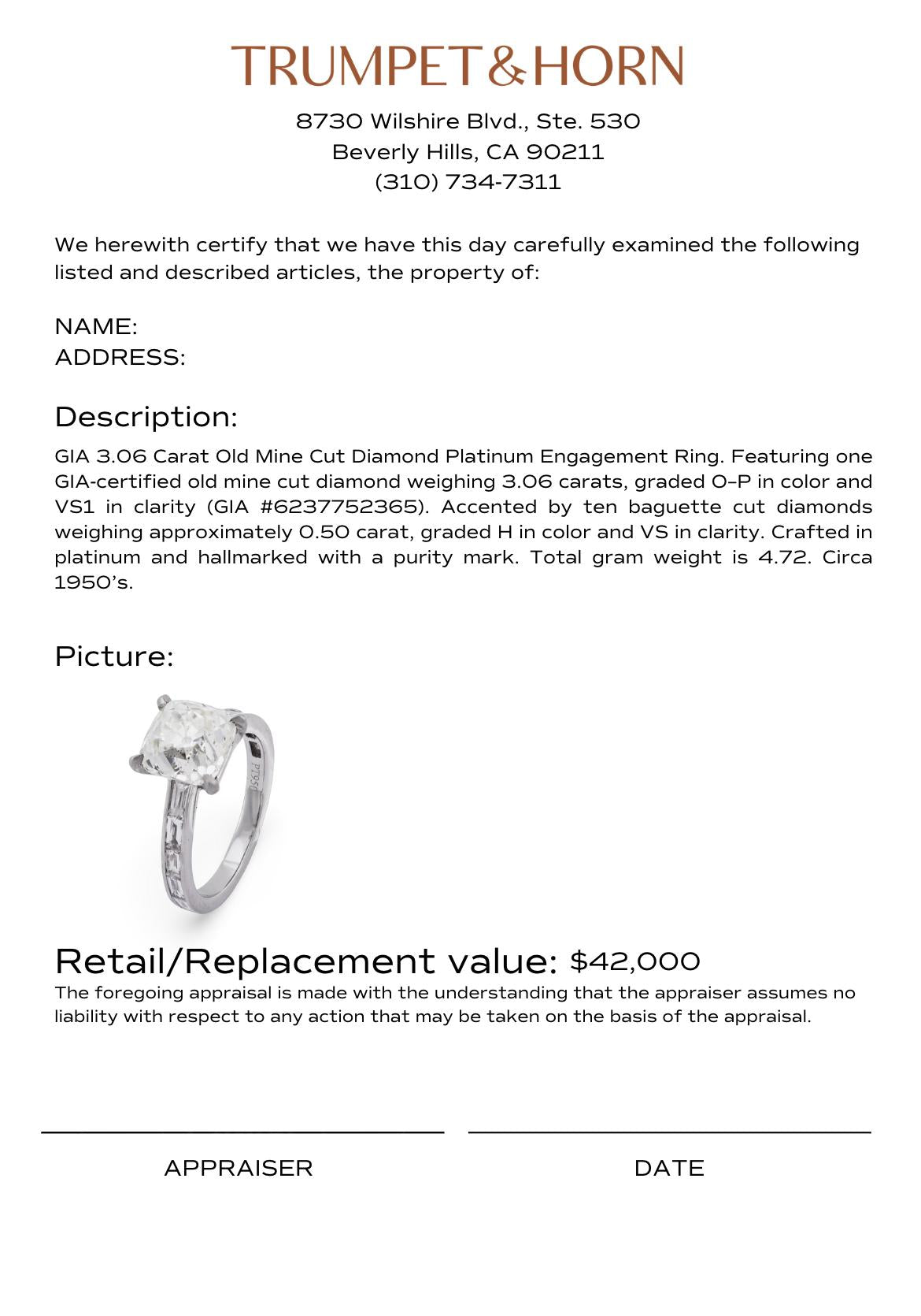 GIA 3.06 carat old mine cut diamond platinum engagement ring