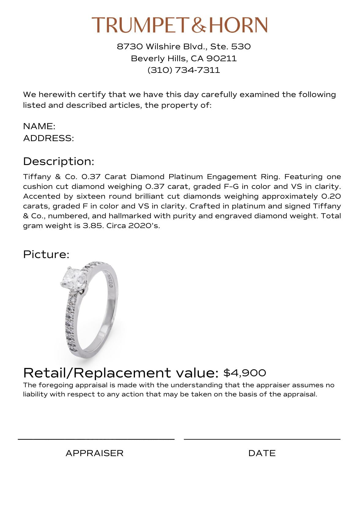 Tiffany & Co. 0.37 carat diamond platinum engagement ring