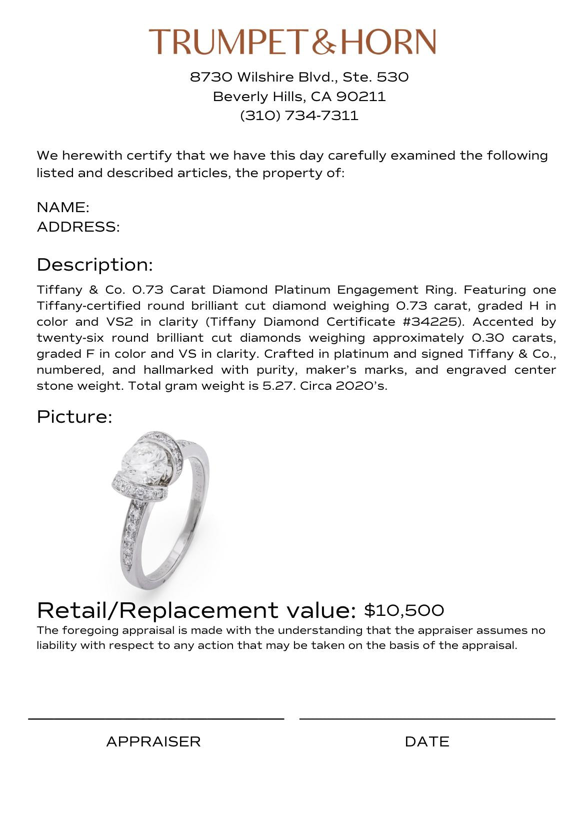 Tiffany & Co. 0.73 carat diamond platinum engagement ring