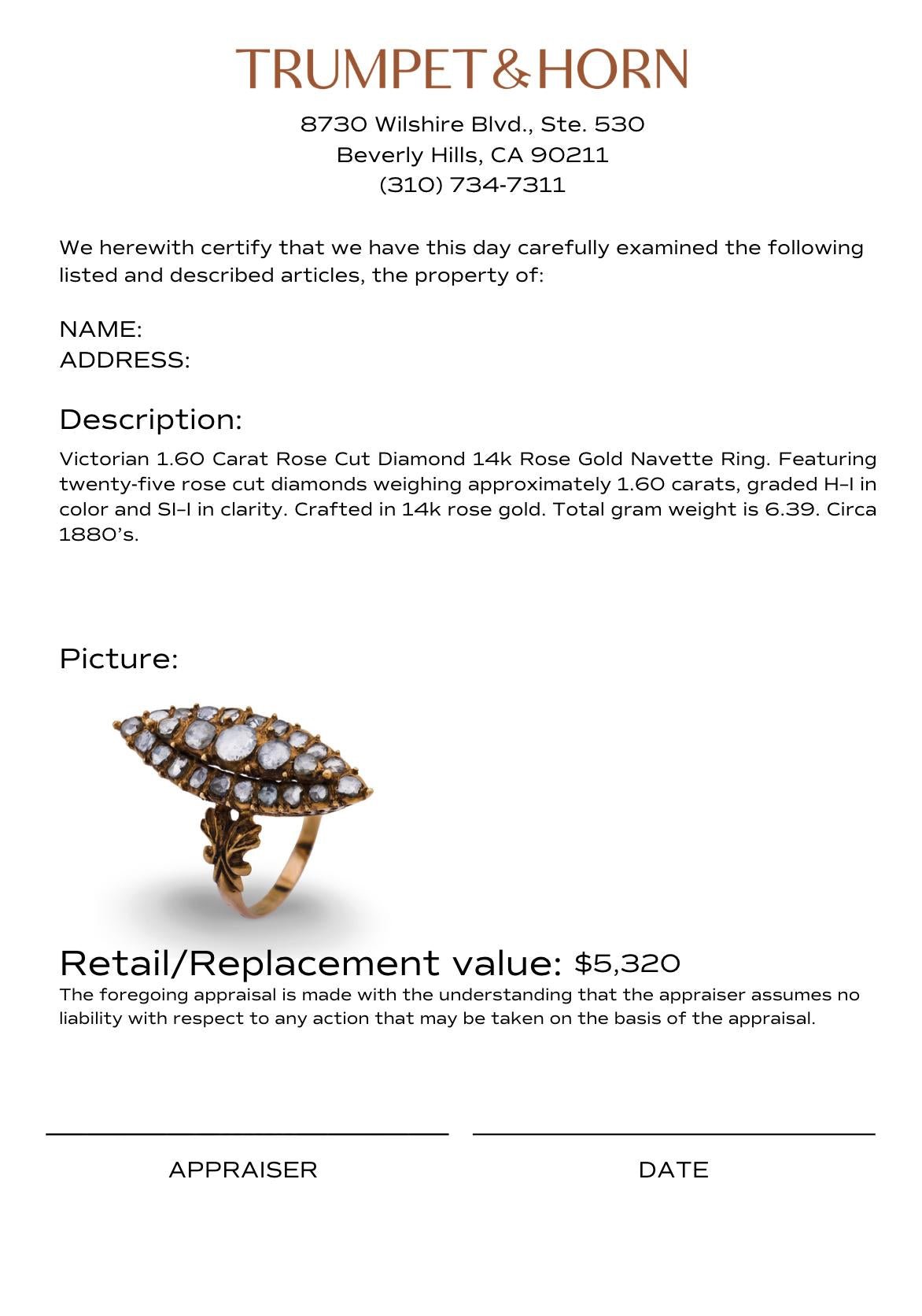 Victorian 1.60 carat rose cut diamond 14k rose gold navette ring