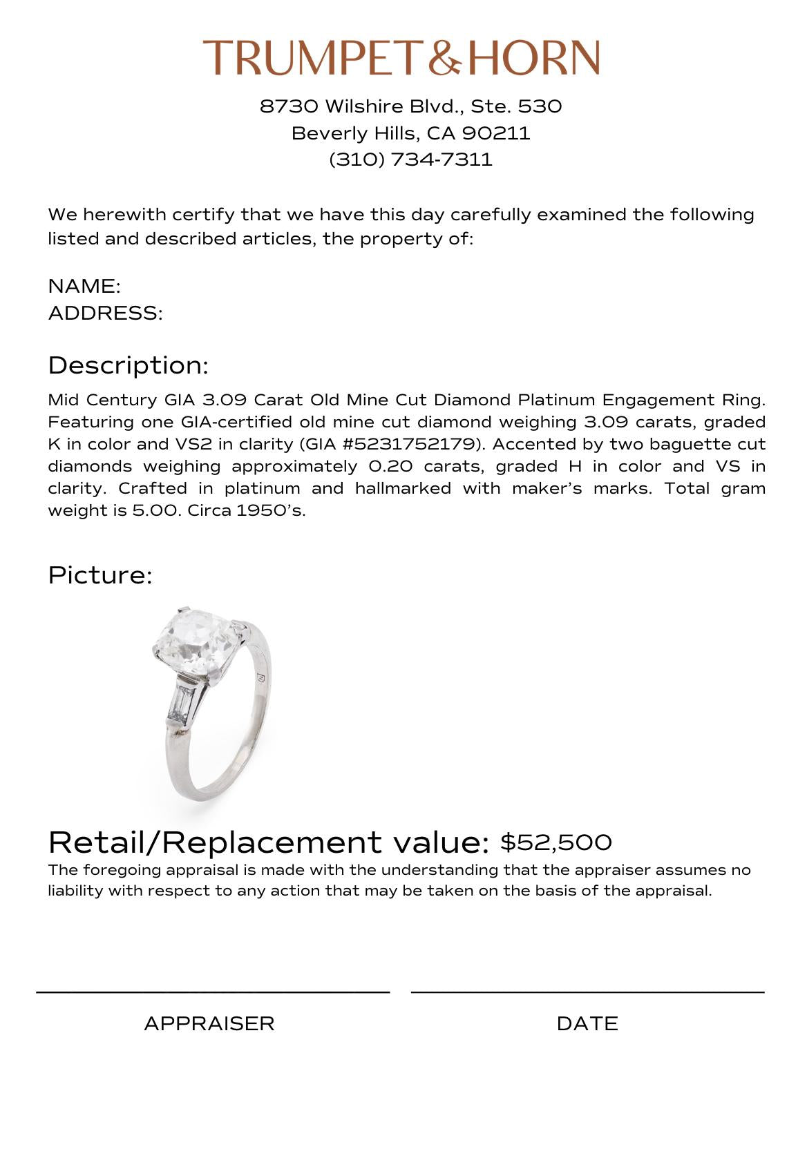 Mid Century GIA 3.09 carat old mine cut diamond platinum engagement ring