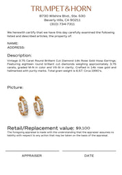 Vintage 3.75 carat round brilliant cut diamond 14k rose gold hoop earrings