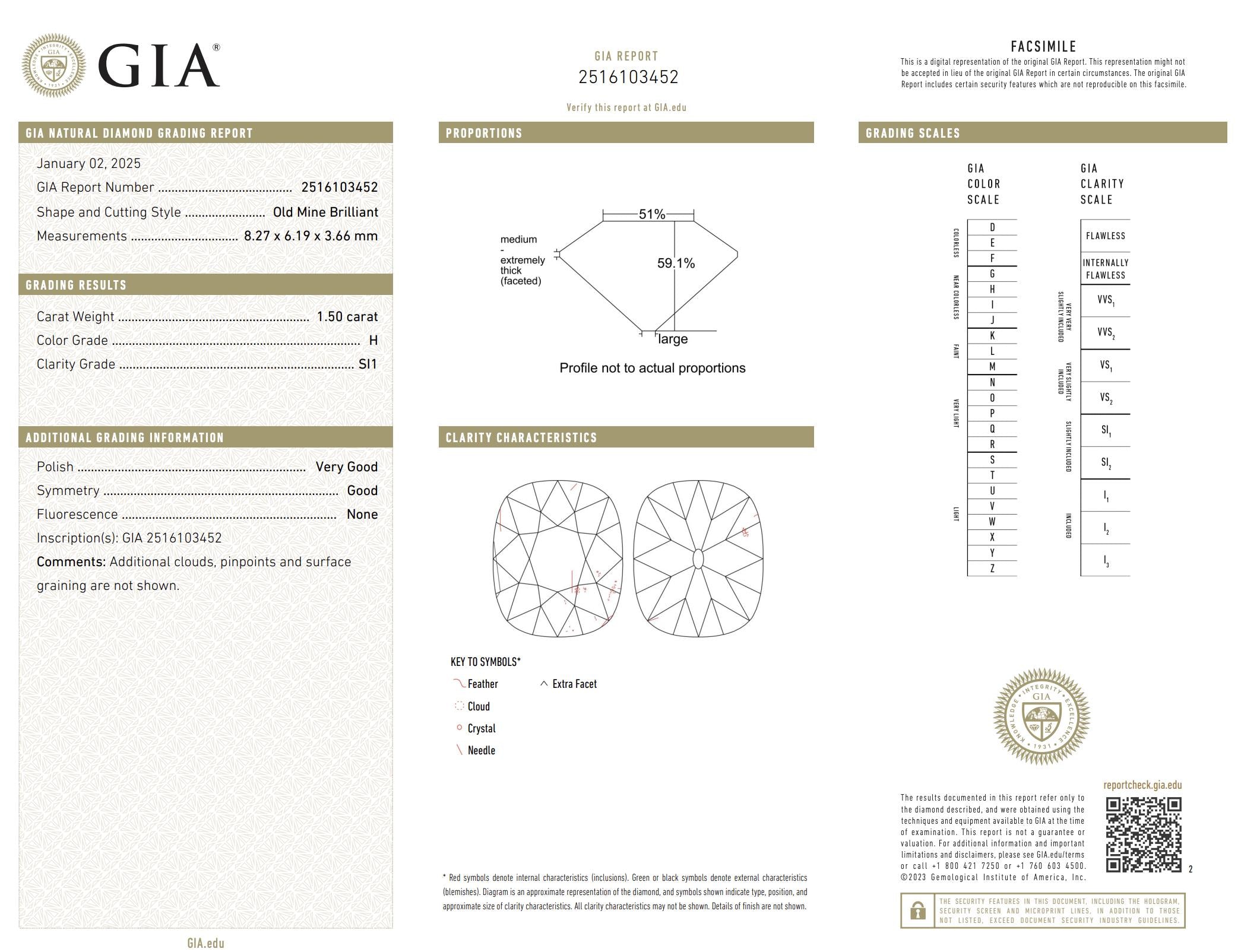 GIA 1.50 carat old mine cut diamond 18k white gold engagement ring