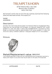 Art Deco GIA 3.57 carat old European cut diamond platinum engagement ring