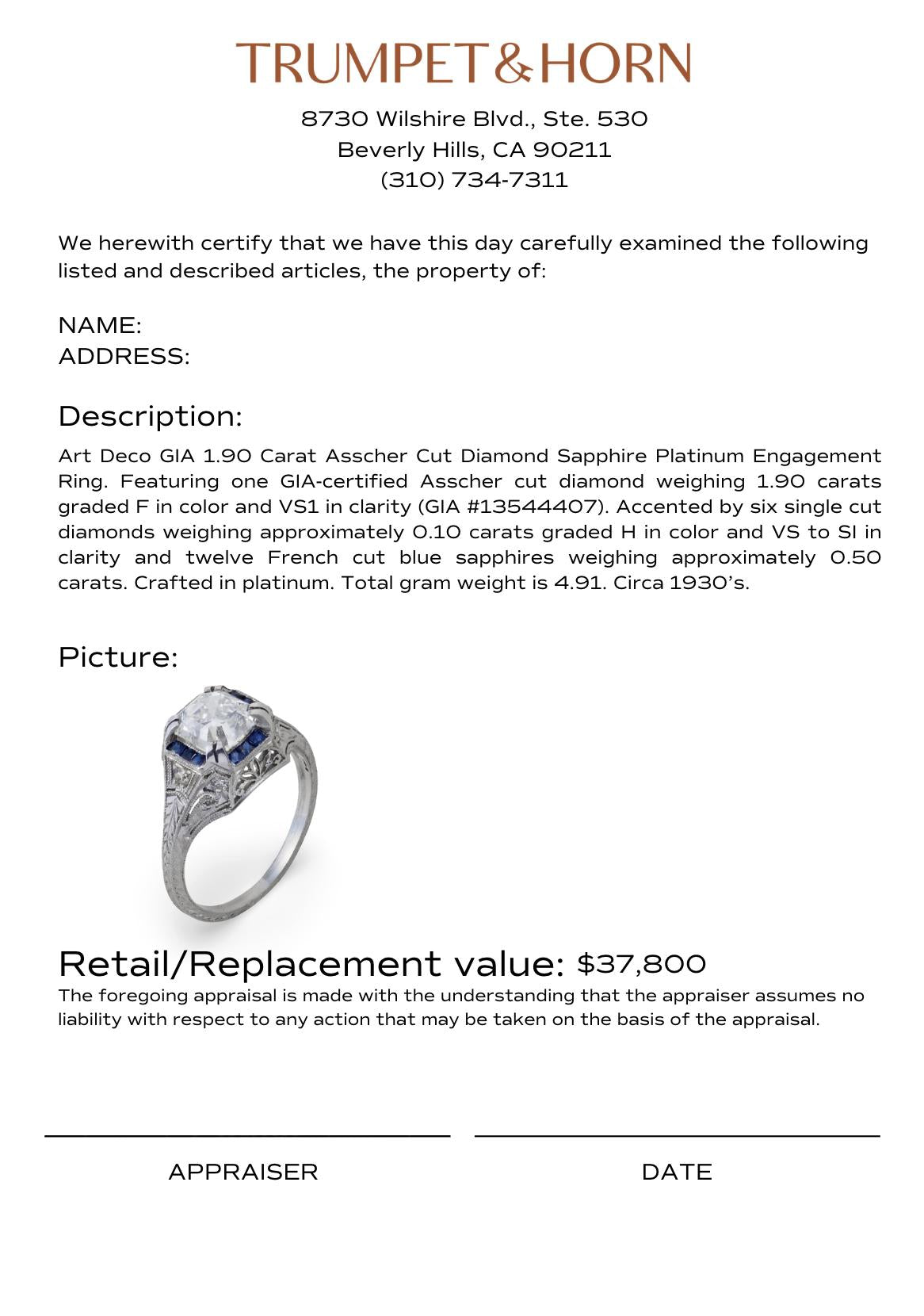 Art Deco GIA 1.90 carat Asscher cut diamond sapphire platinum engagement ring