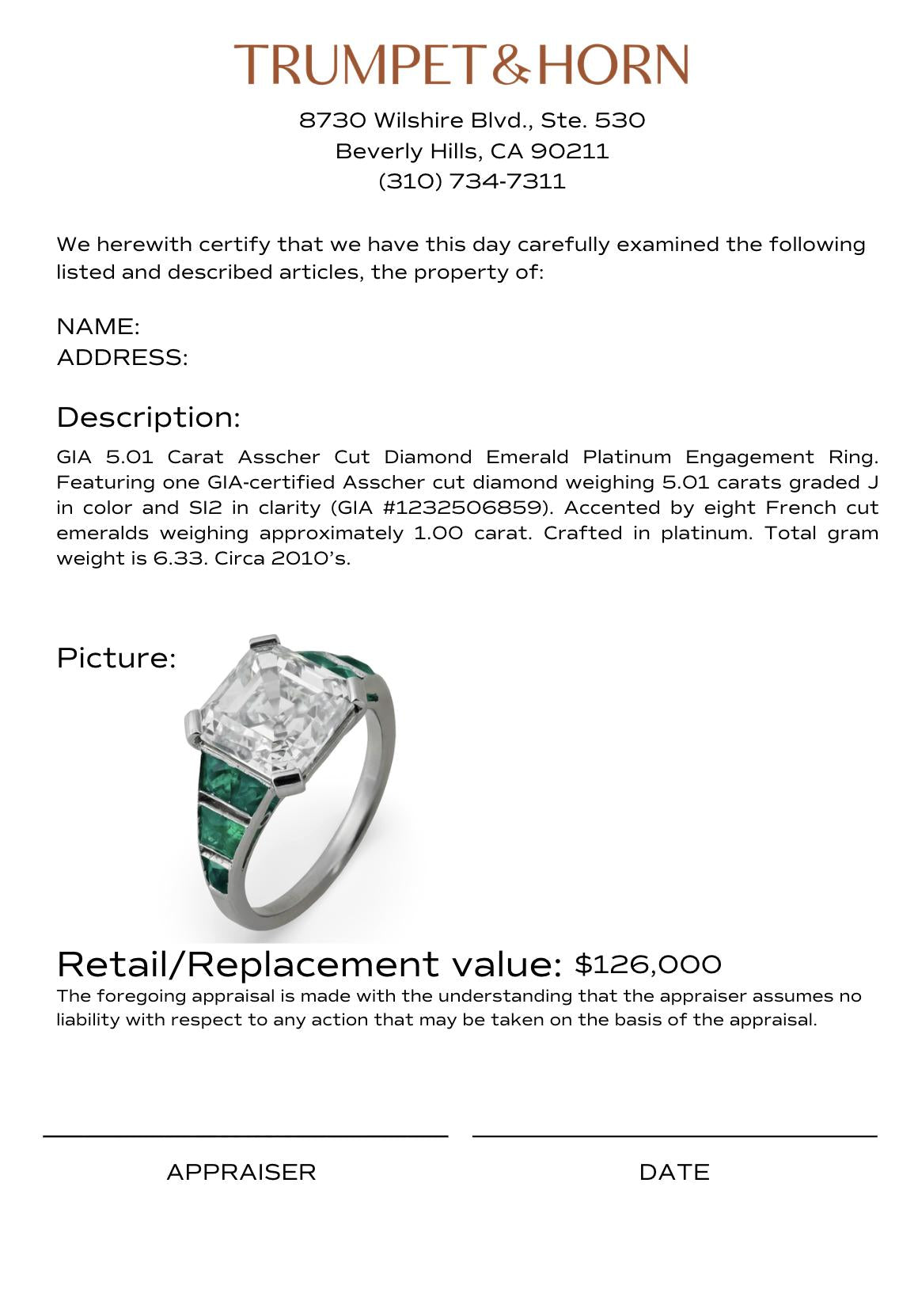 GIA 5.01 carat Asscher cut diamond emerald platinum engagement ring