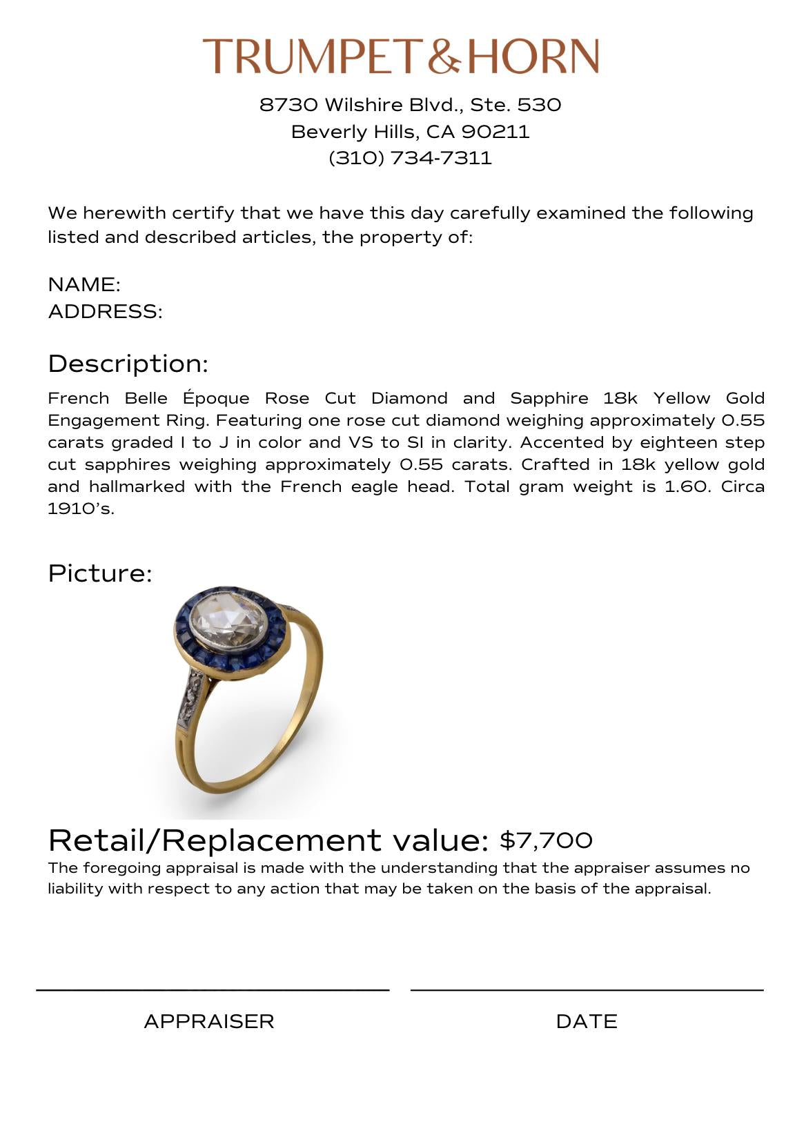 French Belle Époque rose cut diamond sapphire 18k yellow gold engagement ring