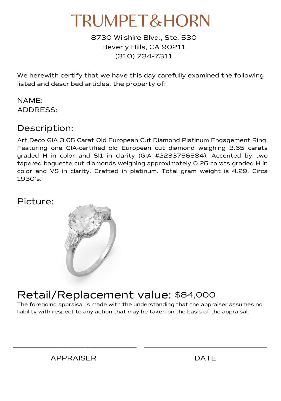 Art Deco GIA 3.65 carat old European cut diamond platinum engagement ring