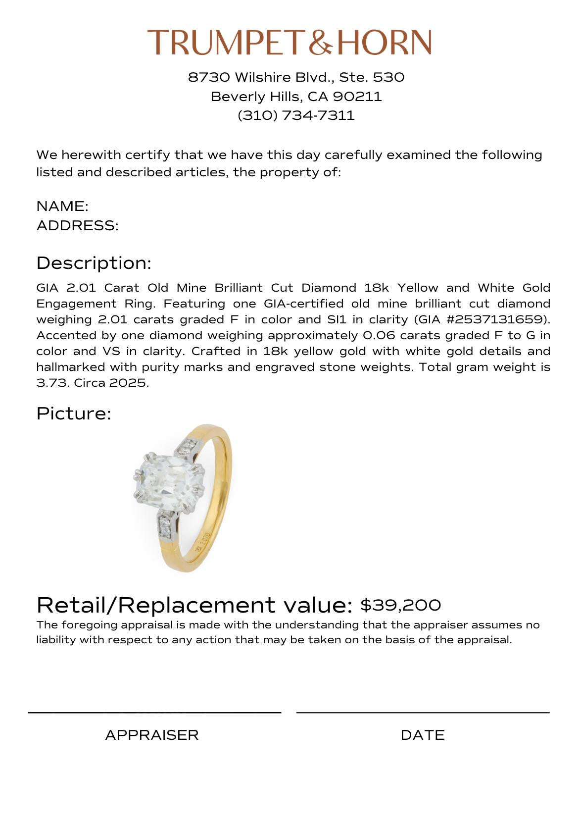 GIA 2.01 carat old mine cut diamond 18k gold engagement ring