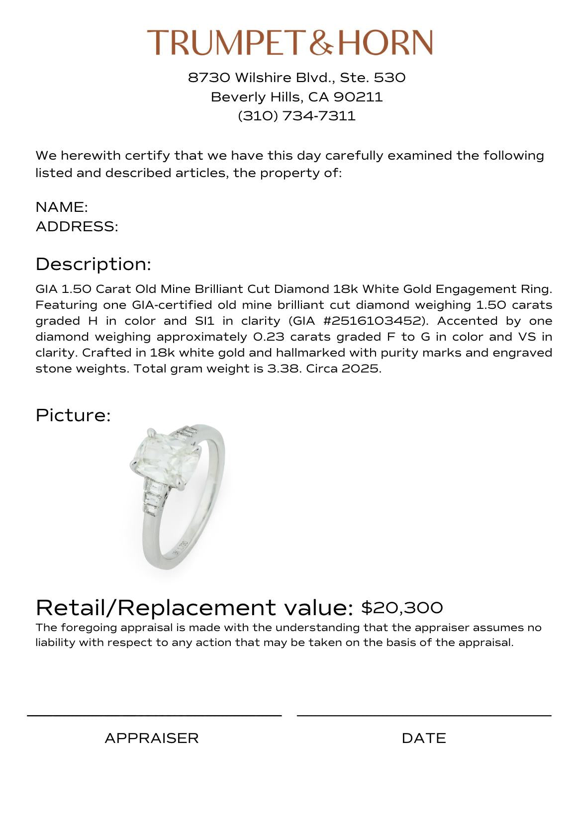 GIA 1.50 carat old mine cut diamond 18k white gold engagement ring