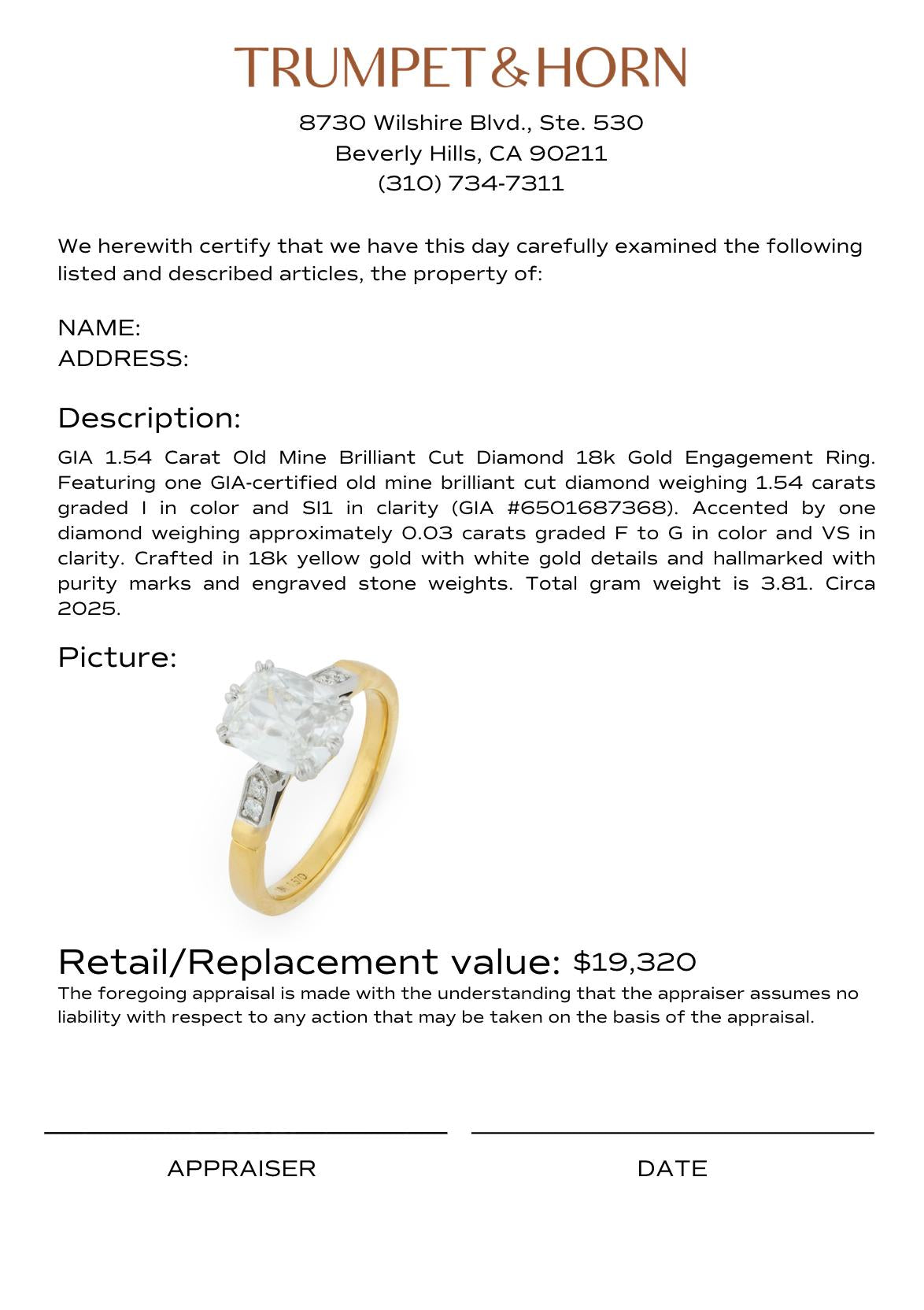 GIA 1.54 carat old mine cut diamond 18k gold engagement ring