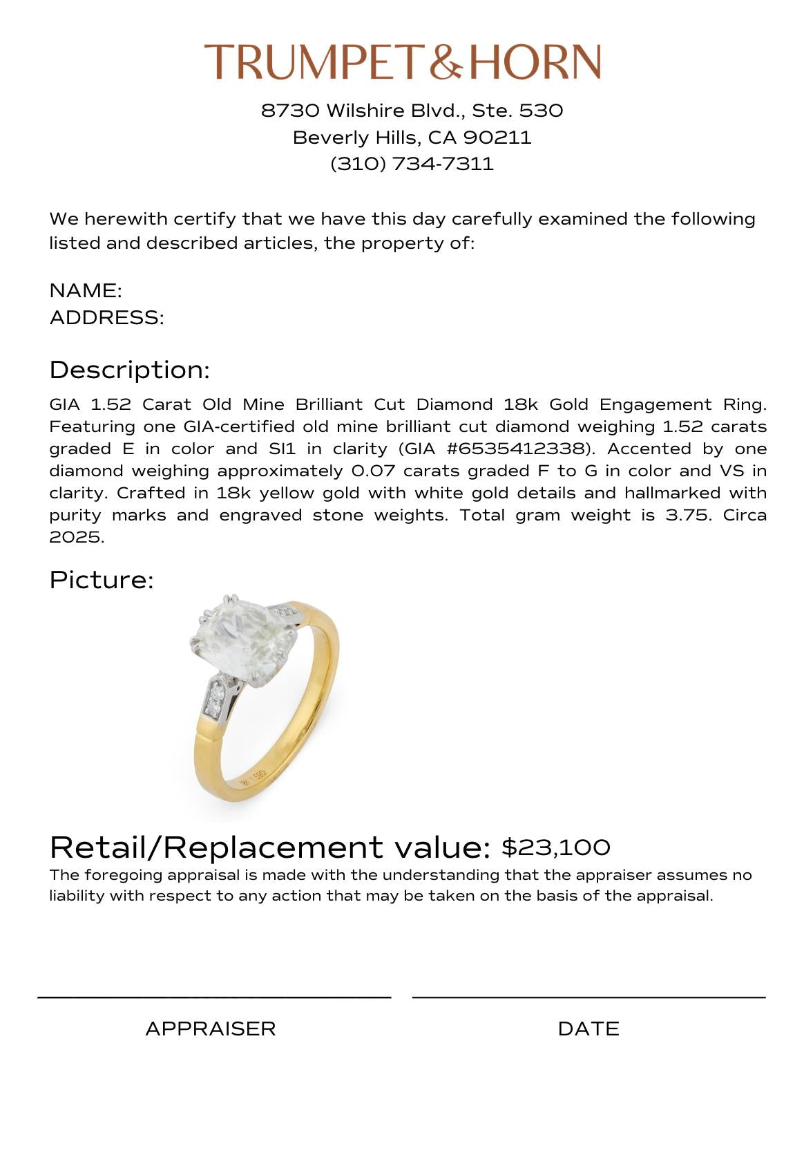 GIA 1.52 carat old mine cut diamond 18k gold engagement ring