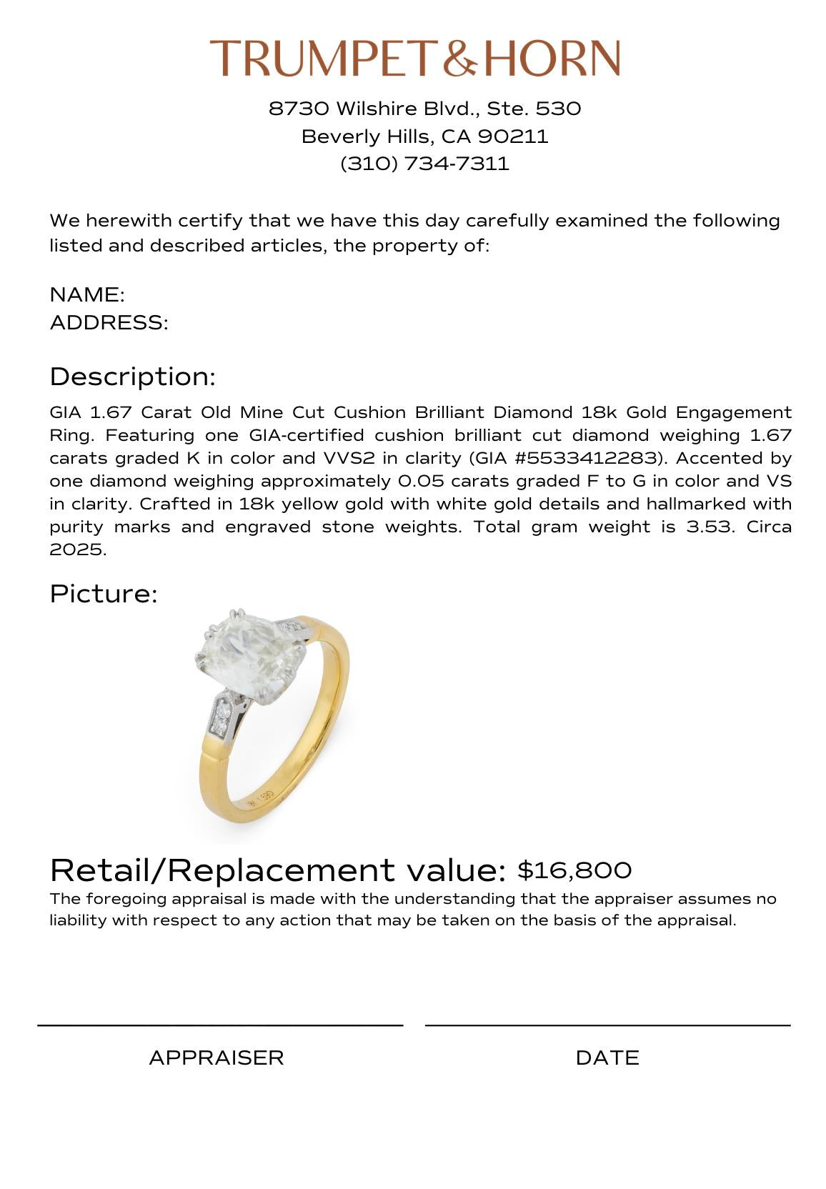 GIA 1.67 carat old mine cut diamond 18k gold engagement ring