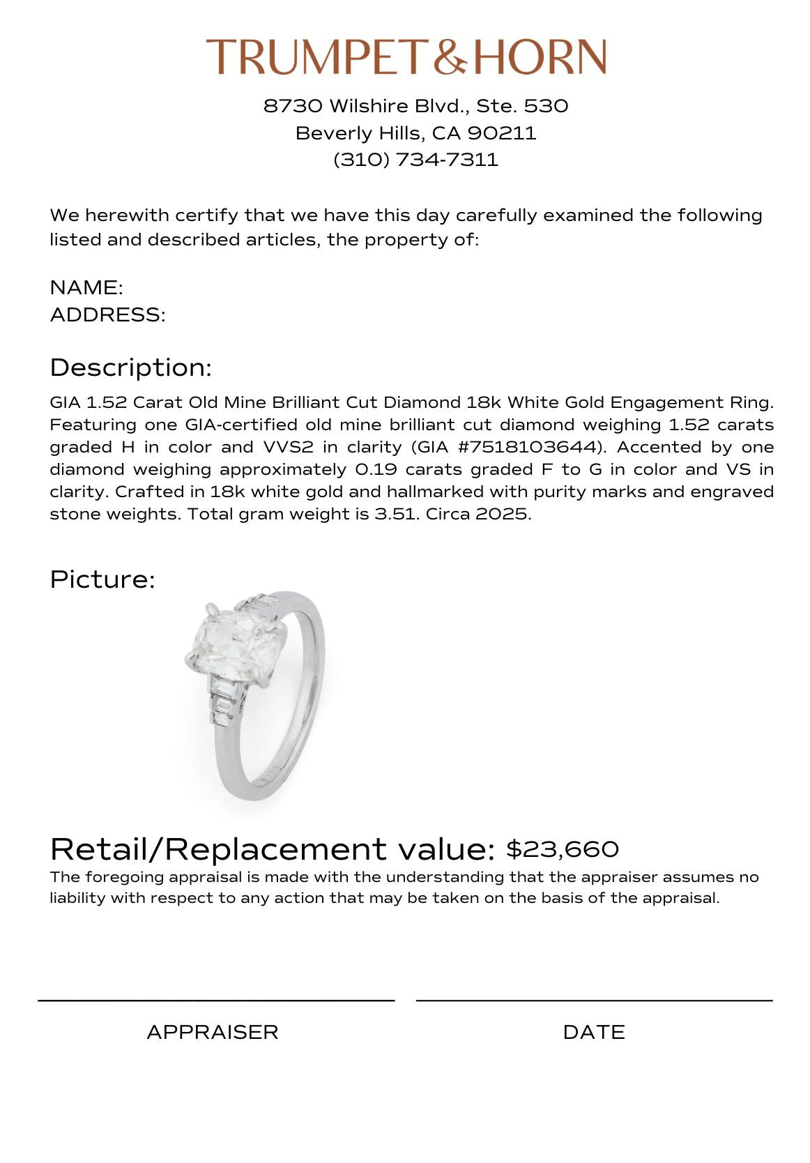 GIA 1.52 carat old mine cut diamond 18k white gold engagement ring