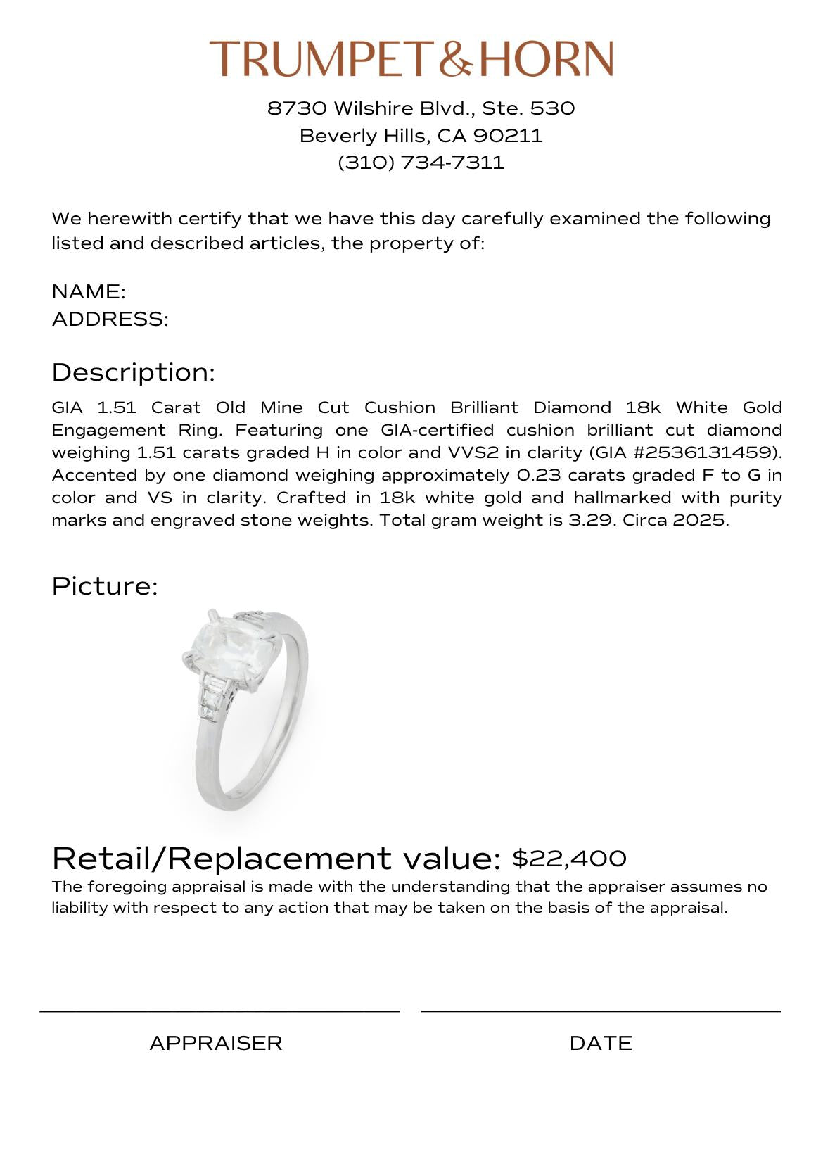 GIA 1.51 carat old mine cut diamond 18k white gold engagement ring