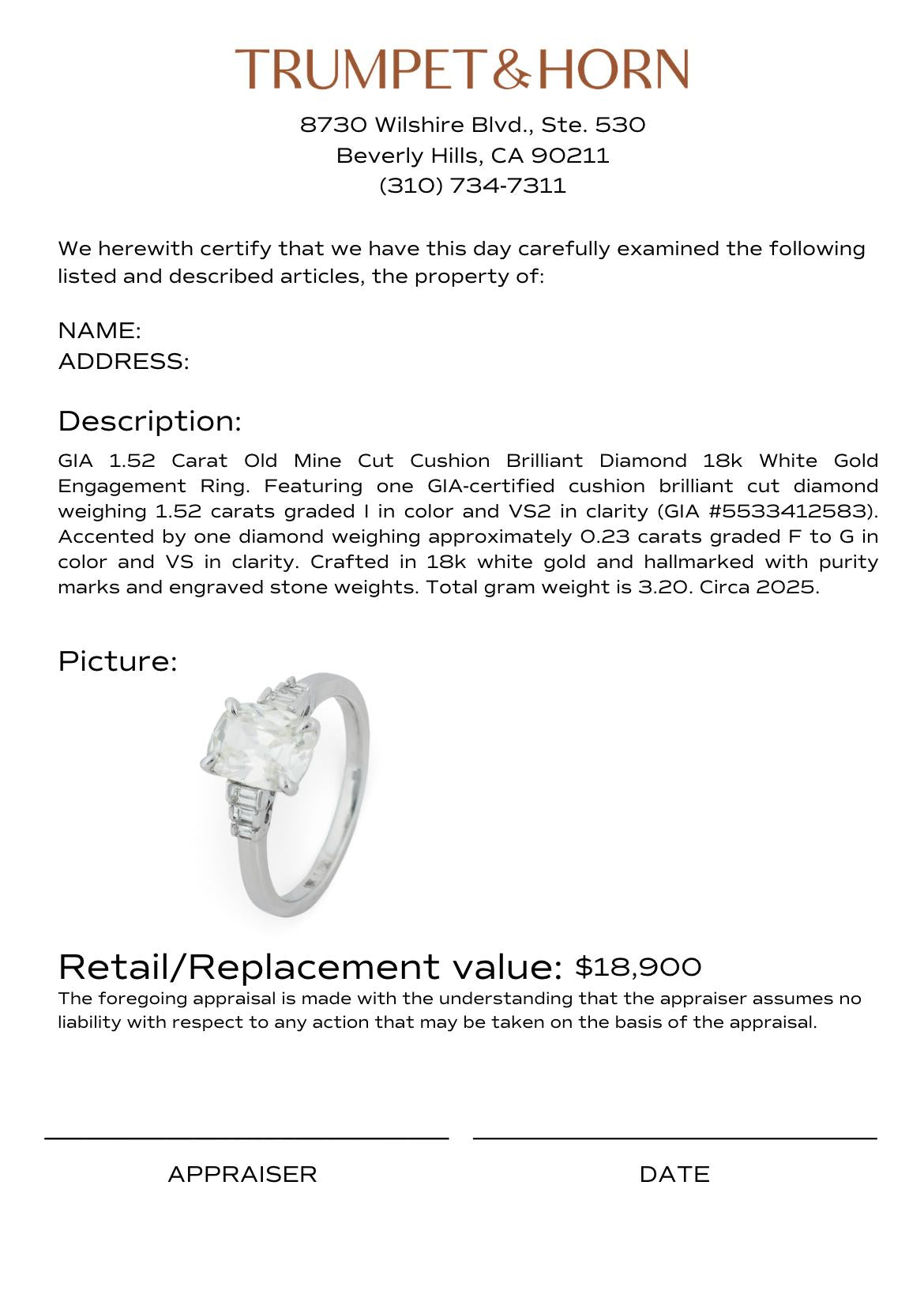 GIA 1.52 carat old mine cut diamond 18k white gold engagement ring