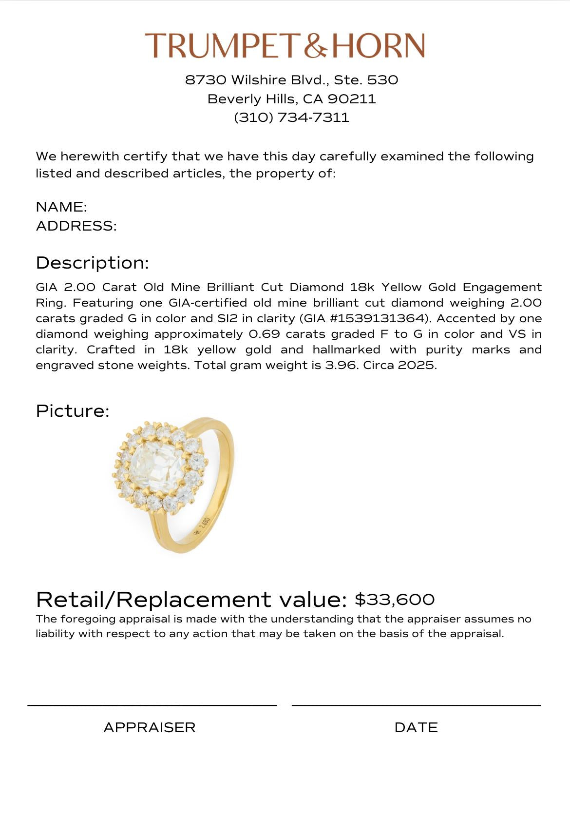 GIA 2.00 carat old mine cut diamond 18k yellow gold engagement ring