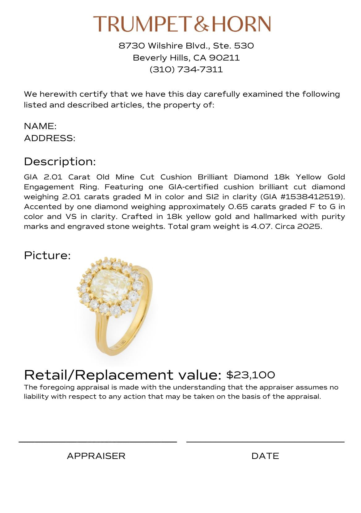 GIA 2.01 carat old mine cut diamond 18k yellow gold engagement ring